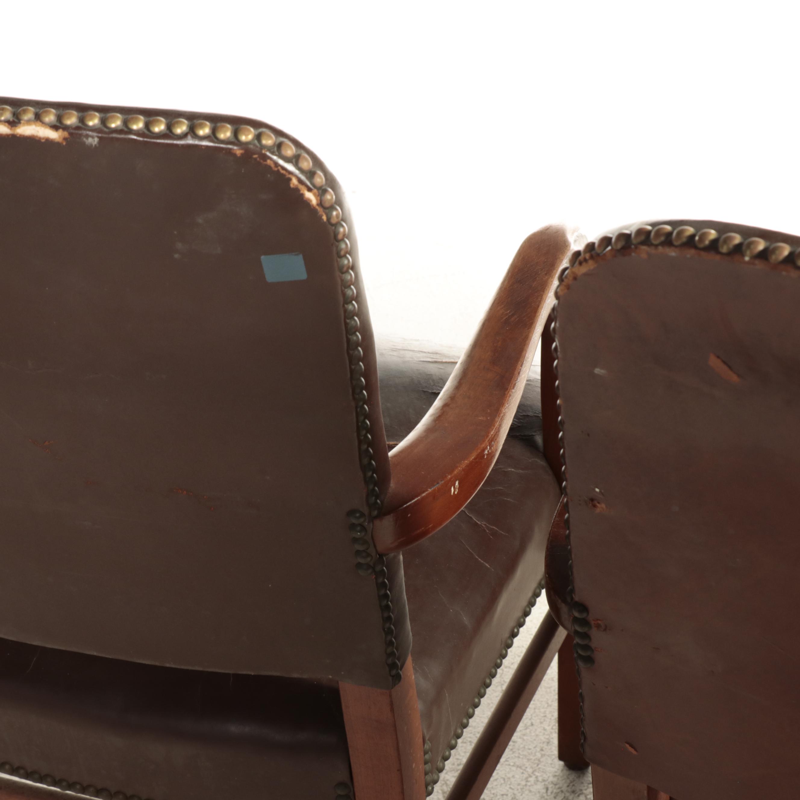 W.H. Gunlocke Chair Co and Other Brown Leather Armchairs with Nailhead Trim