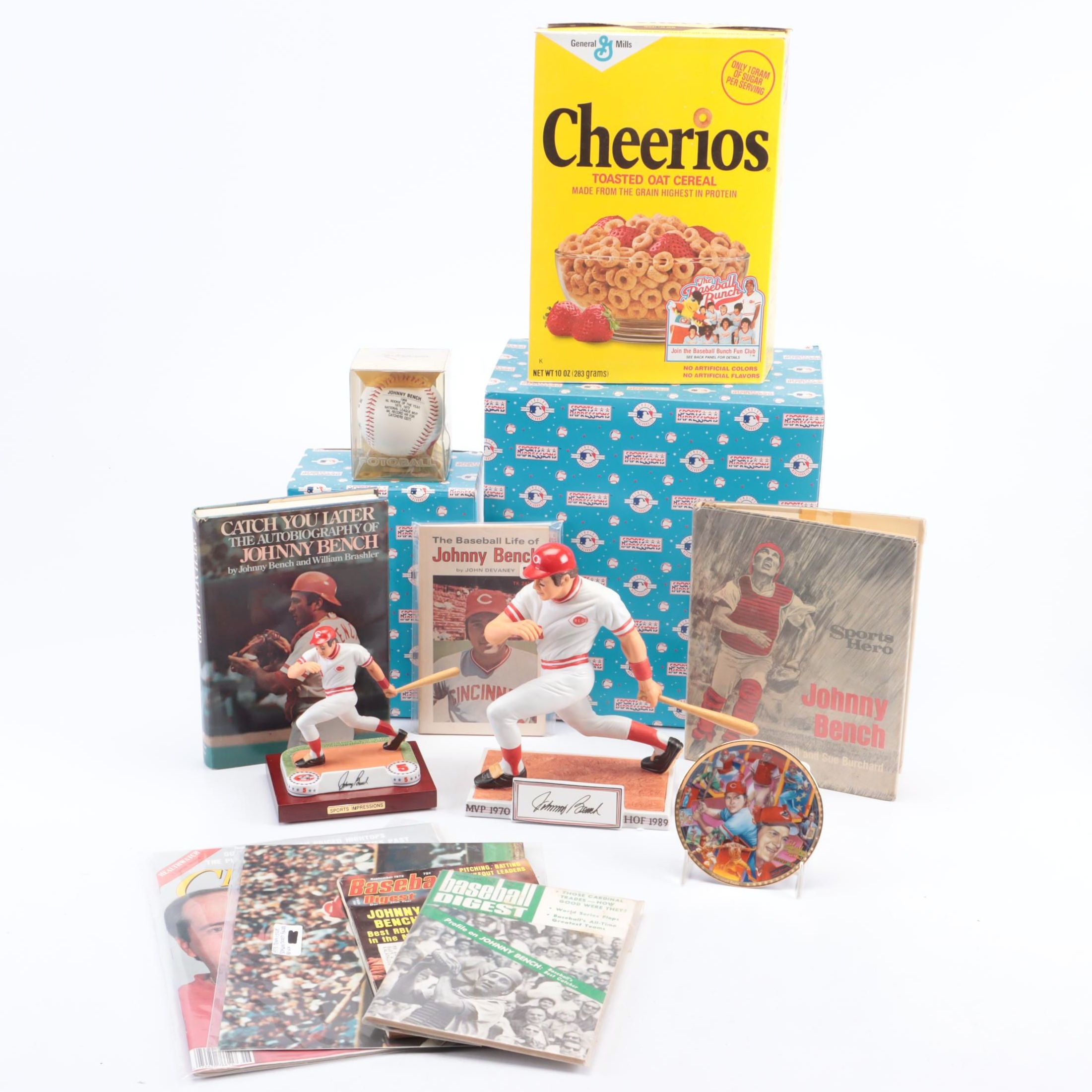 Johnny Bench Signed Sports Impressions Figurine, Fotoball, and Book, with More