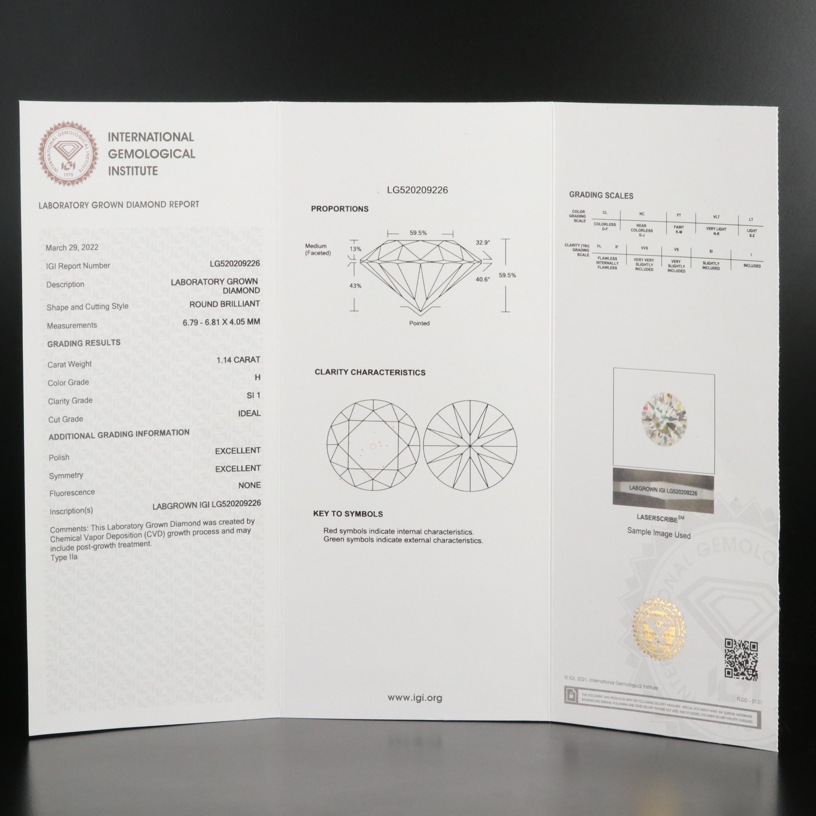 Loose 1.14 CT Lab Grown Diamond with IGI Report