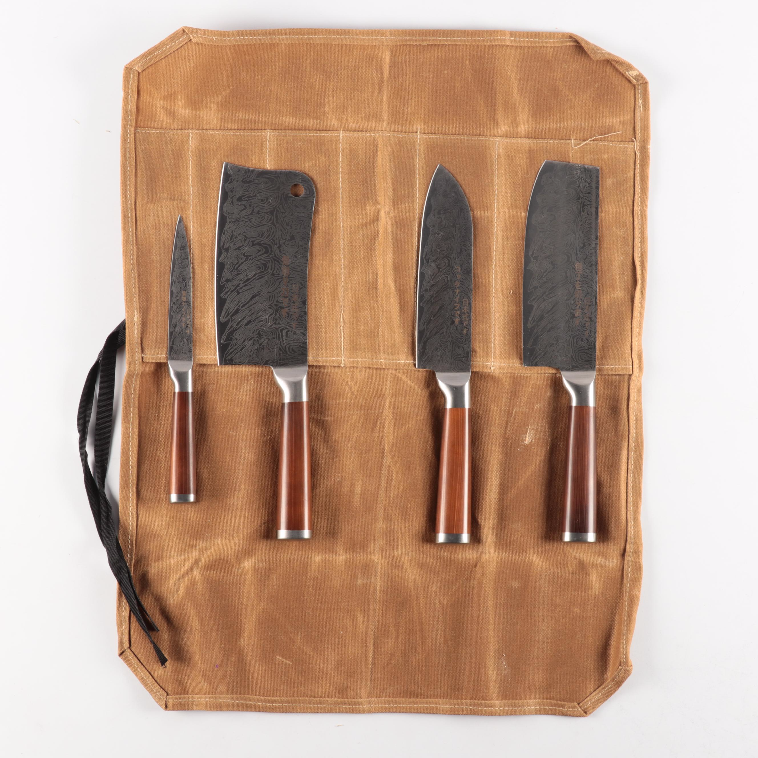 Wooden Handled Carving Set with Knife Roll