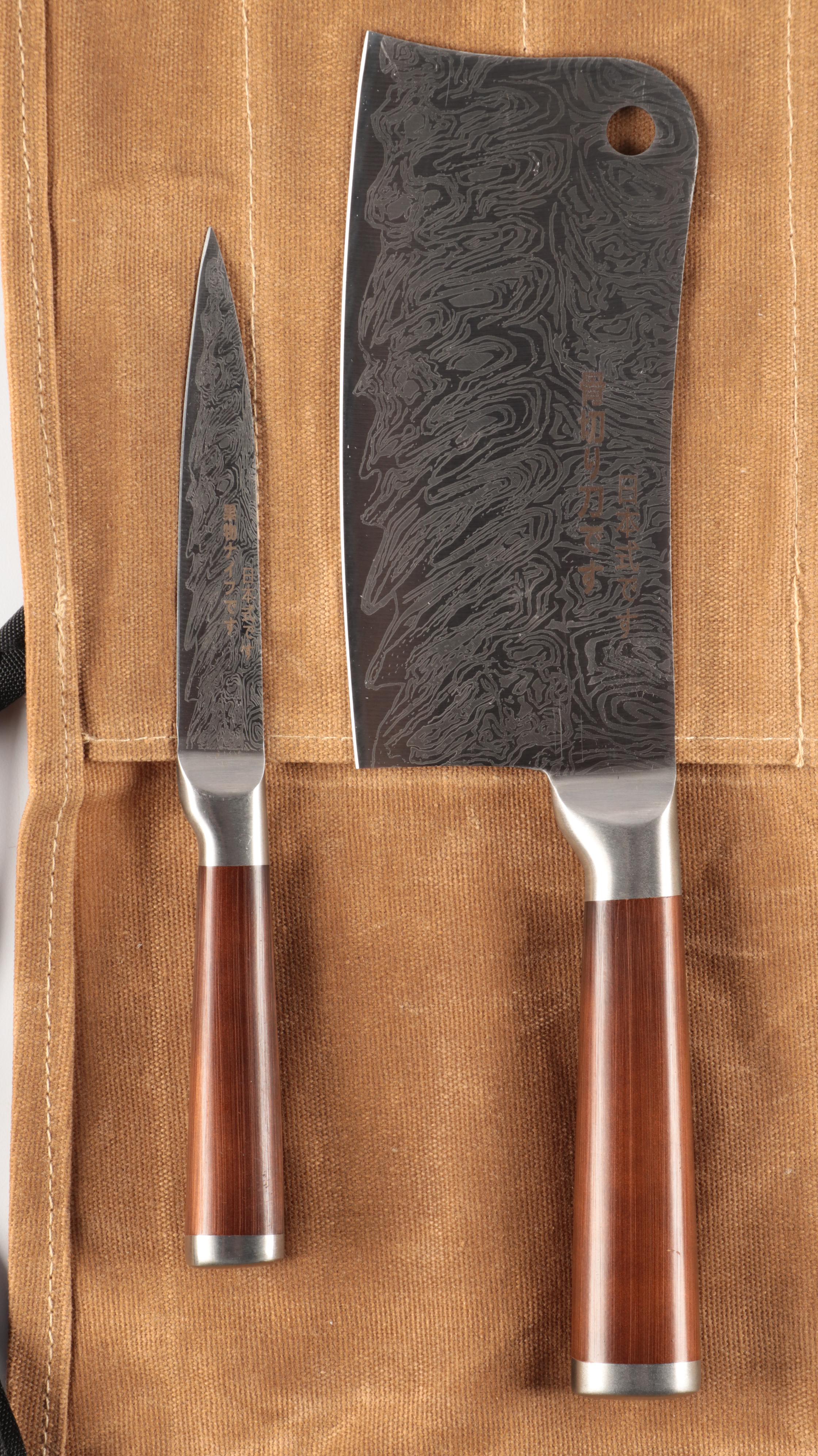 Wooden Handled Carving Set with Knife Roll