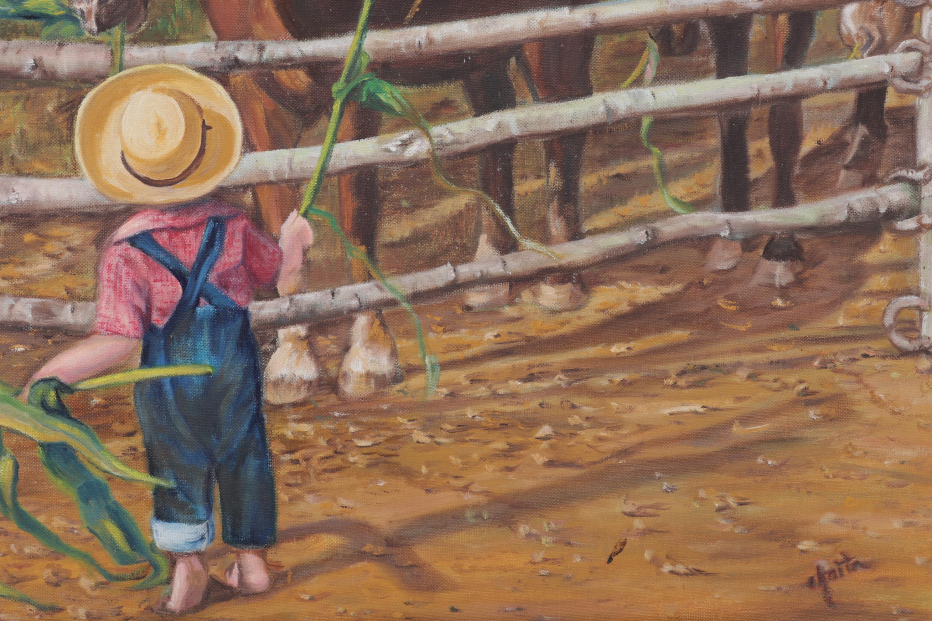 Pastoral Oil Painting of a Boy and His Horses, 1973