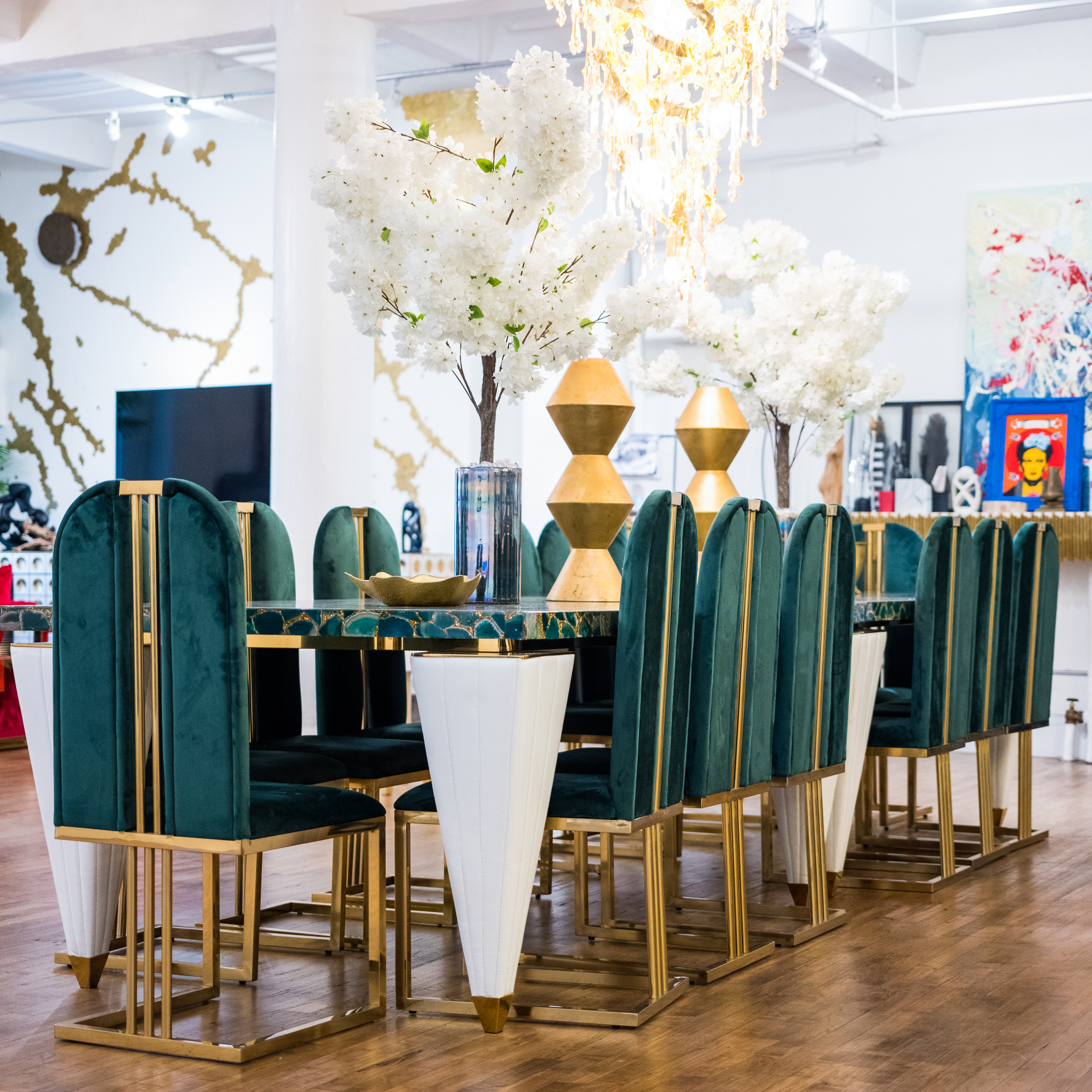 Eight Neuu Design Emporium Modern Brass and Green Velvet-Upholstered Side Chairs