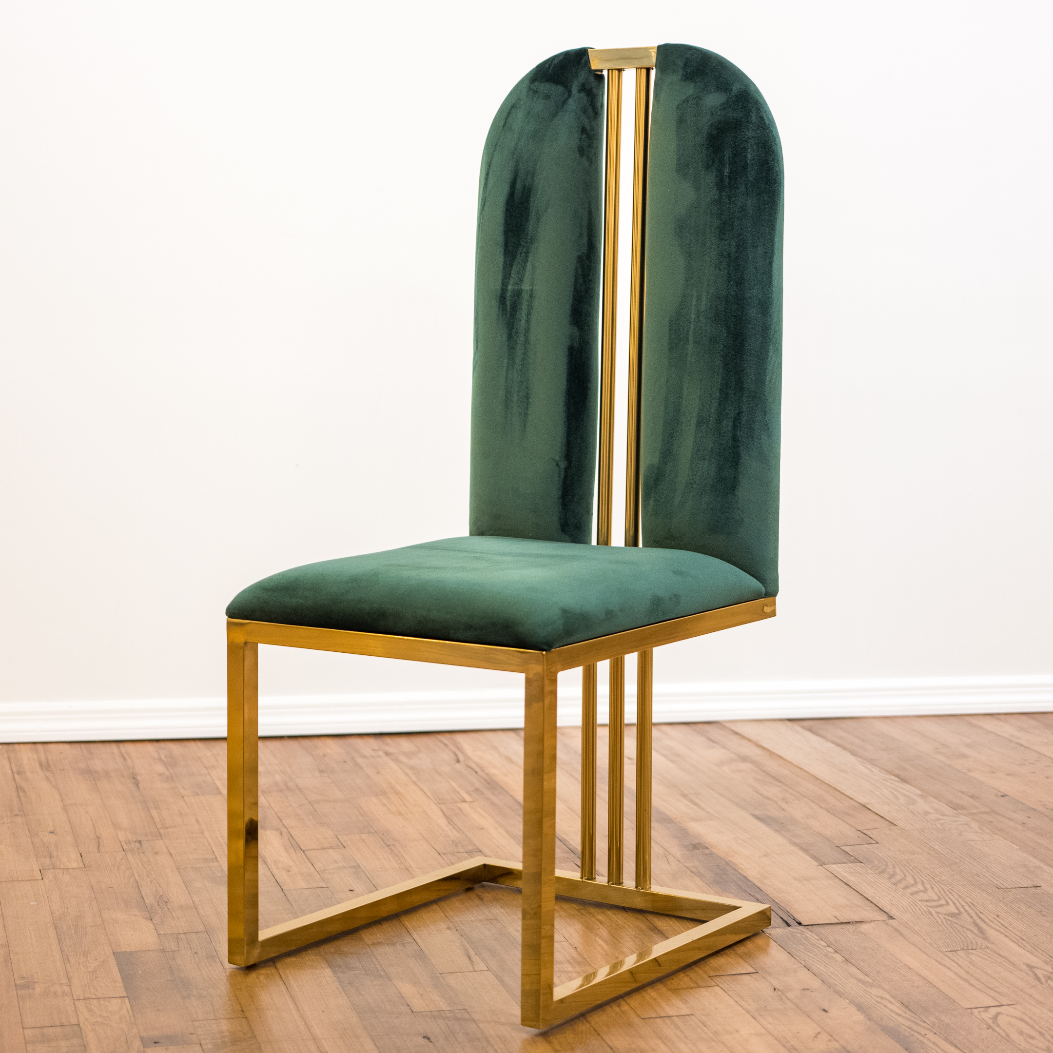 Eight Neuu Design Emporium Modern Brass and Green Velvet-Upholstered Side Chairs