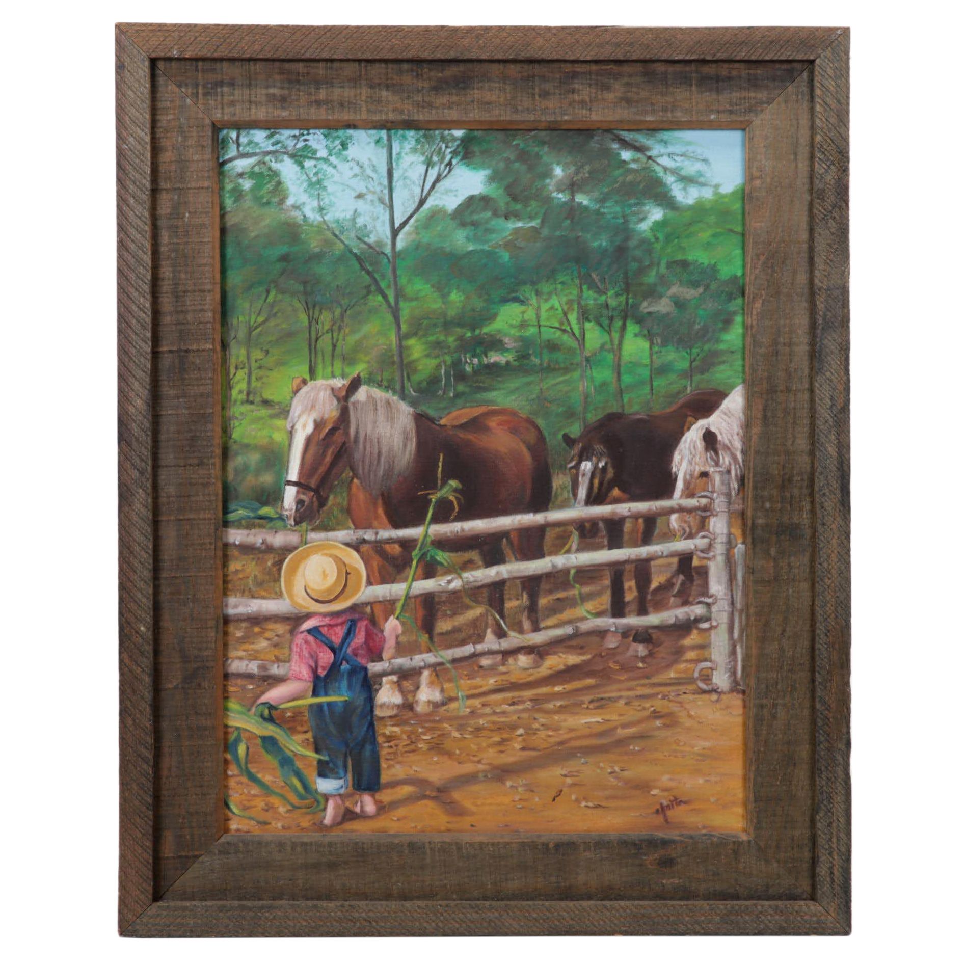 Pastoral Oil Painting of a Boy and His Horses, 1973