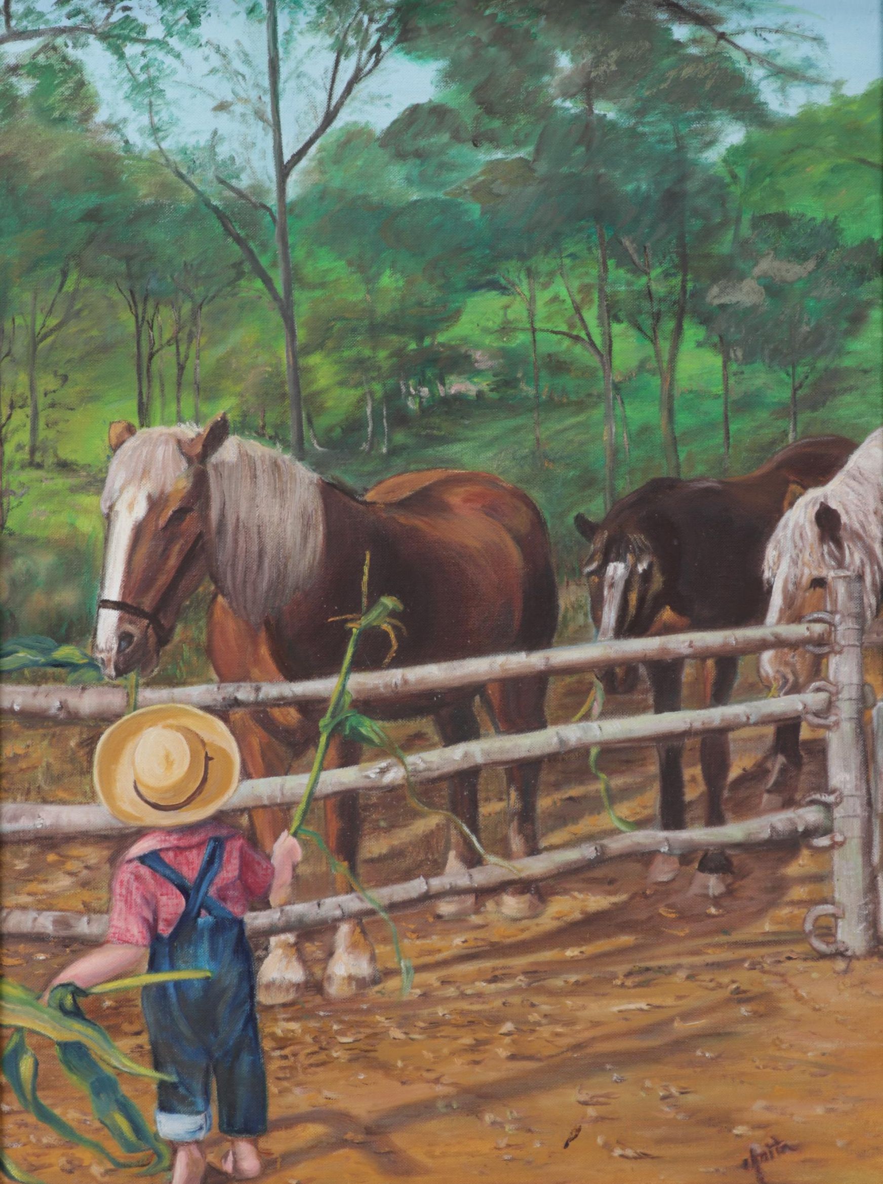 Pastoral Oil Painting of a Boy and His Horses, 1973
