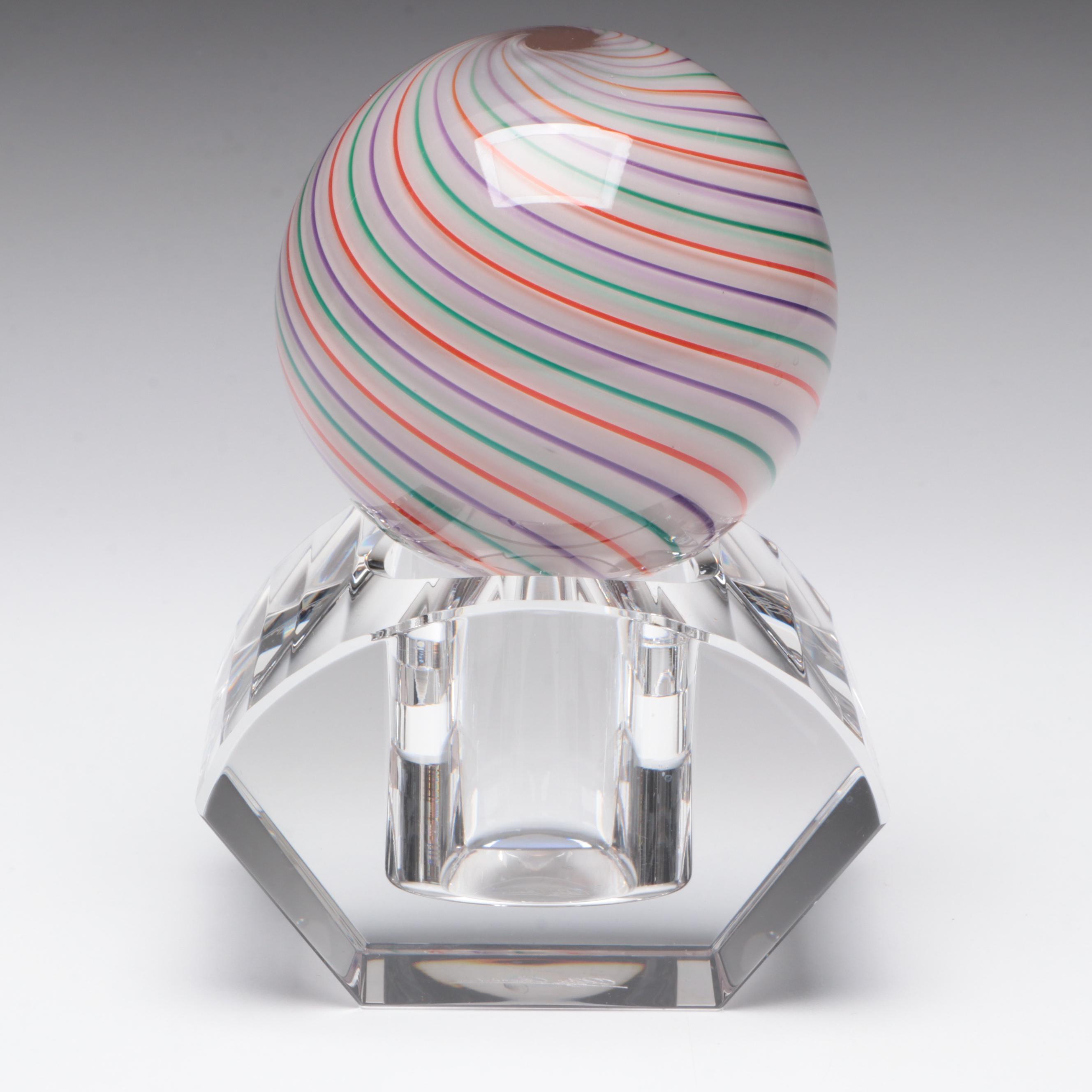 Mark Matthews Multicolor Filigrana Art Glass Sphere on Cut Crystal Base,1991