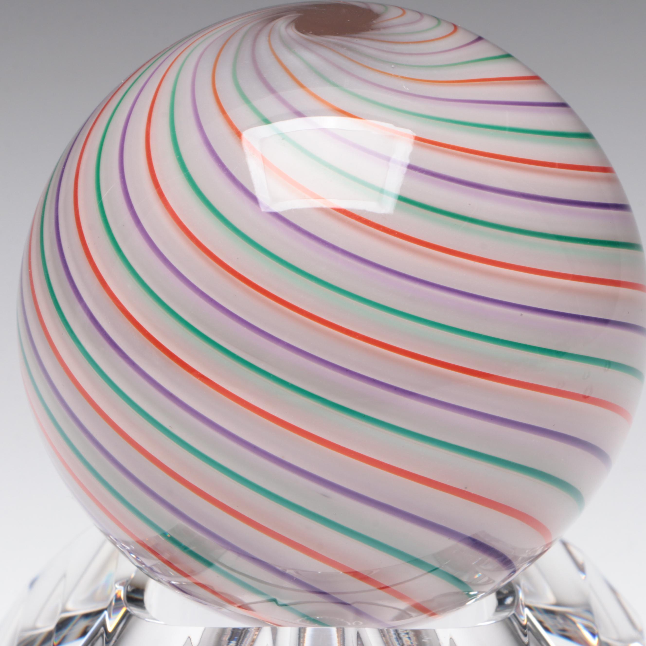 Mark Matthews Multicolor Filigrana Art Glass Sphere on Cut Crystal Base,1991