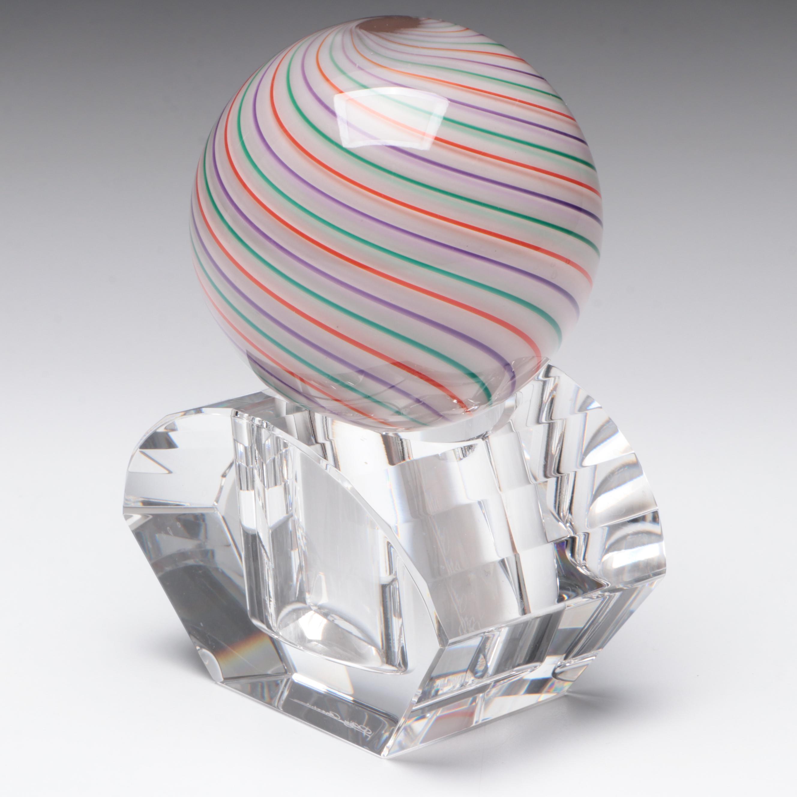 Mark Matthews Multicolor Filigrana Art Glass Sphere on Cut Crystal Base,1991