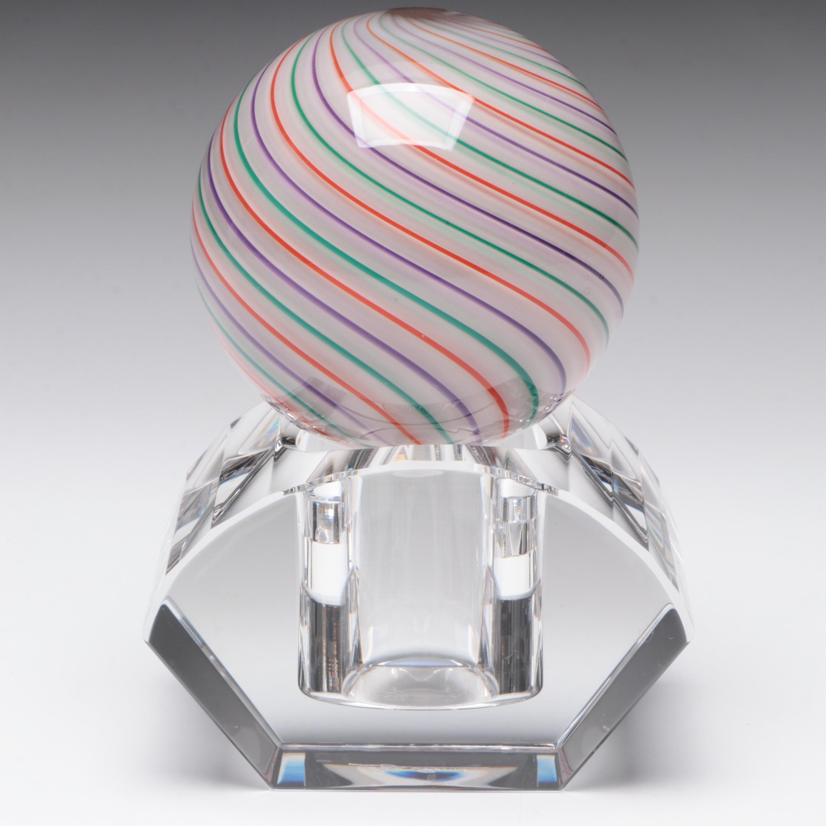 Mark Matthews Multicolor Filigrana Art Glass Sphere on Cut Crystal Base,1991