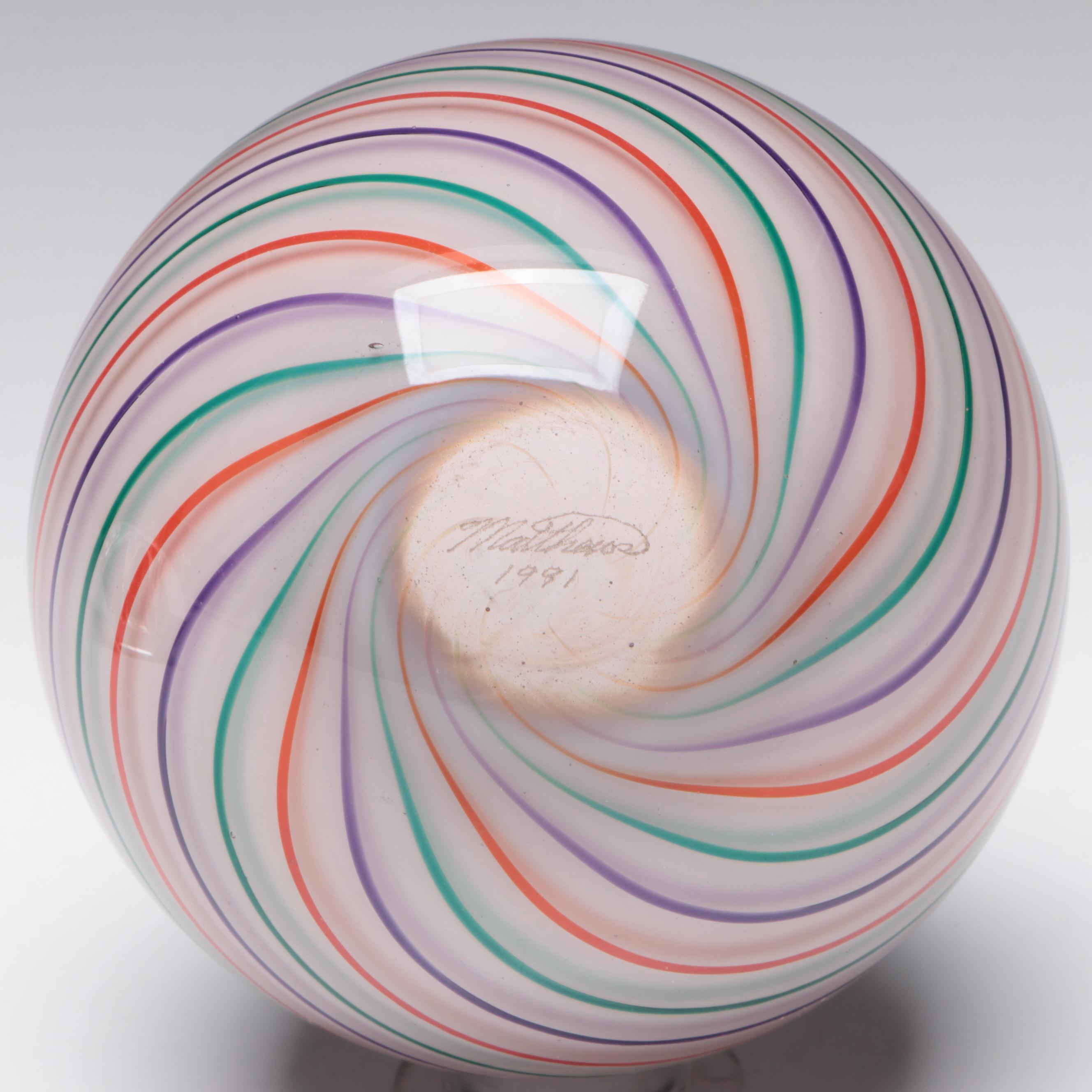Mark Matthews Multicolor Filigrana Art Glass Sphere on Cut Crystal Base,1991