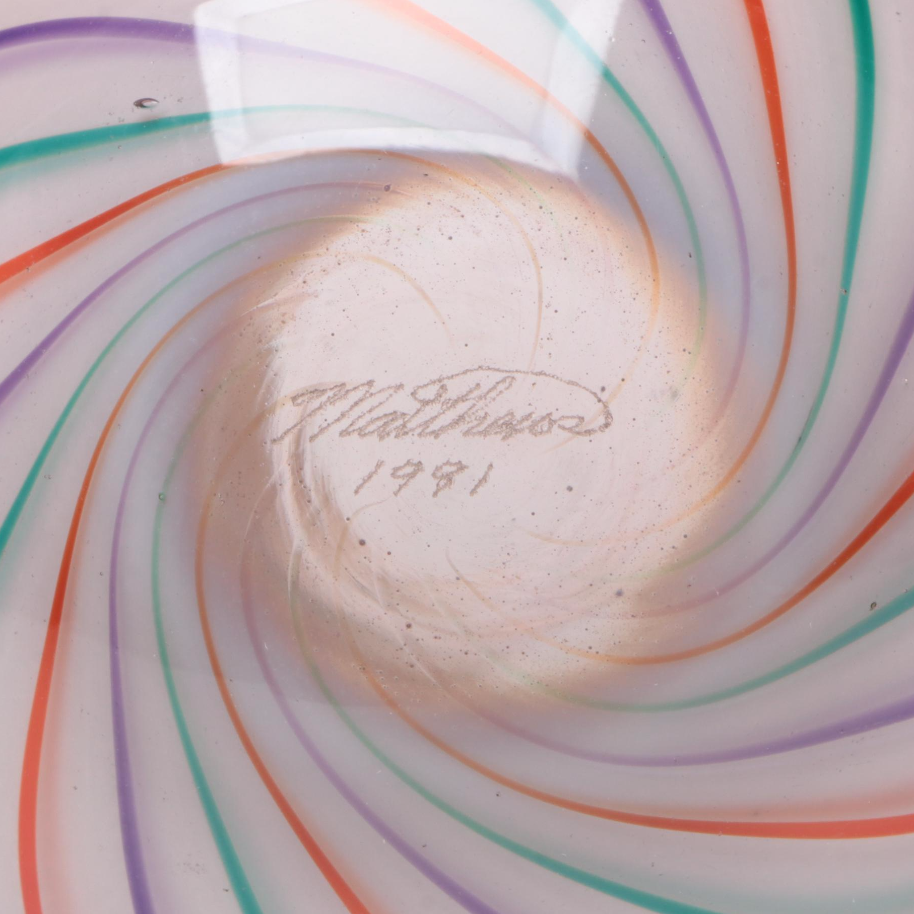 Mark Matthews Multicolor Filigrana Art Glass Sphere on Cut Crystal Base,1991