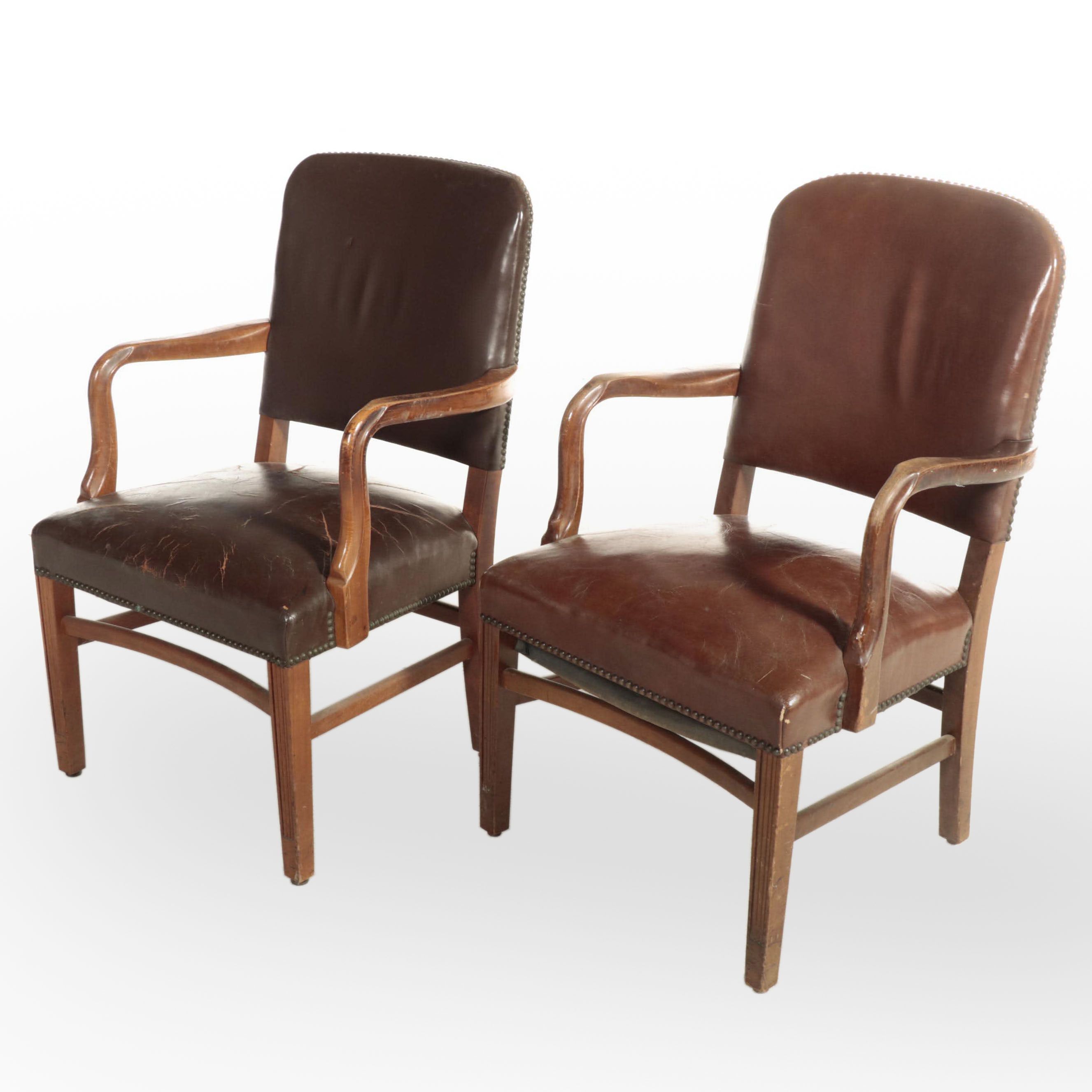 W.H. Gunlocke Chair Co and Other Brown Leather Armchairs with Nailhead Trim