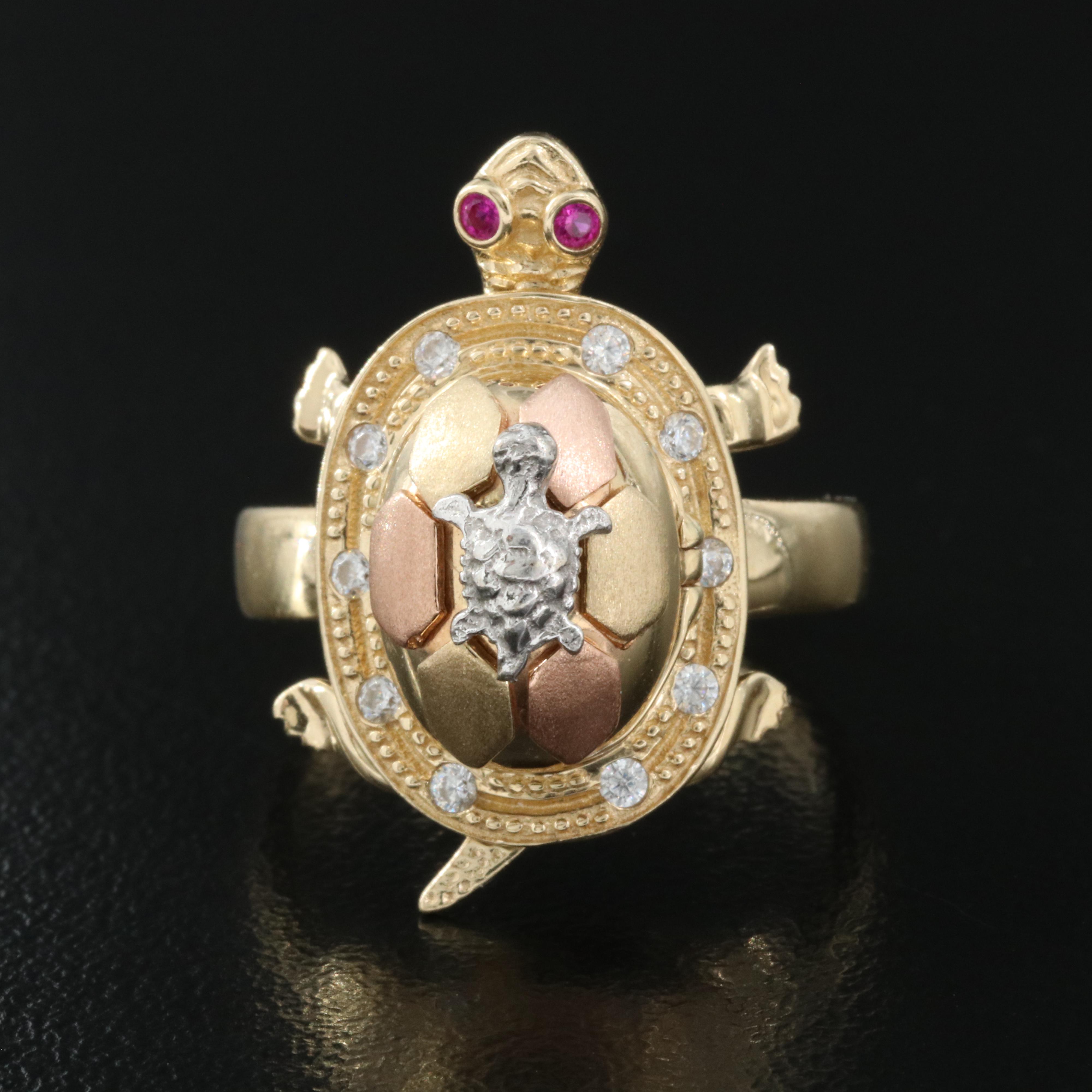 14K Tri-Color Gold Ruby and Cubic Zirconia Articulated Turtle Ring