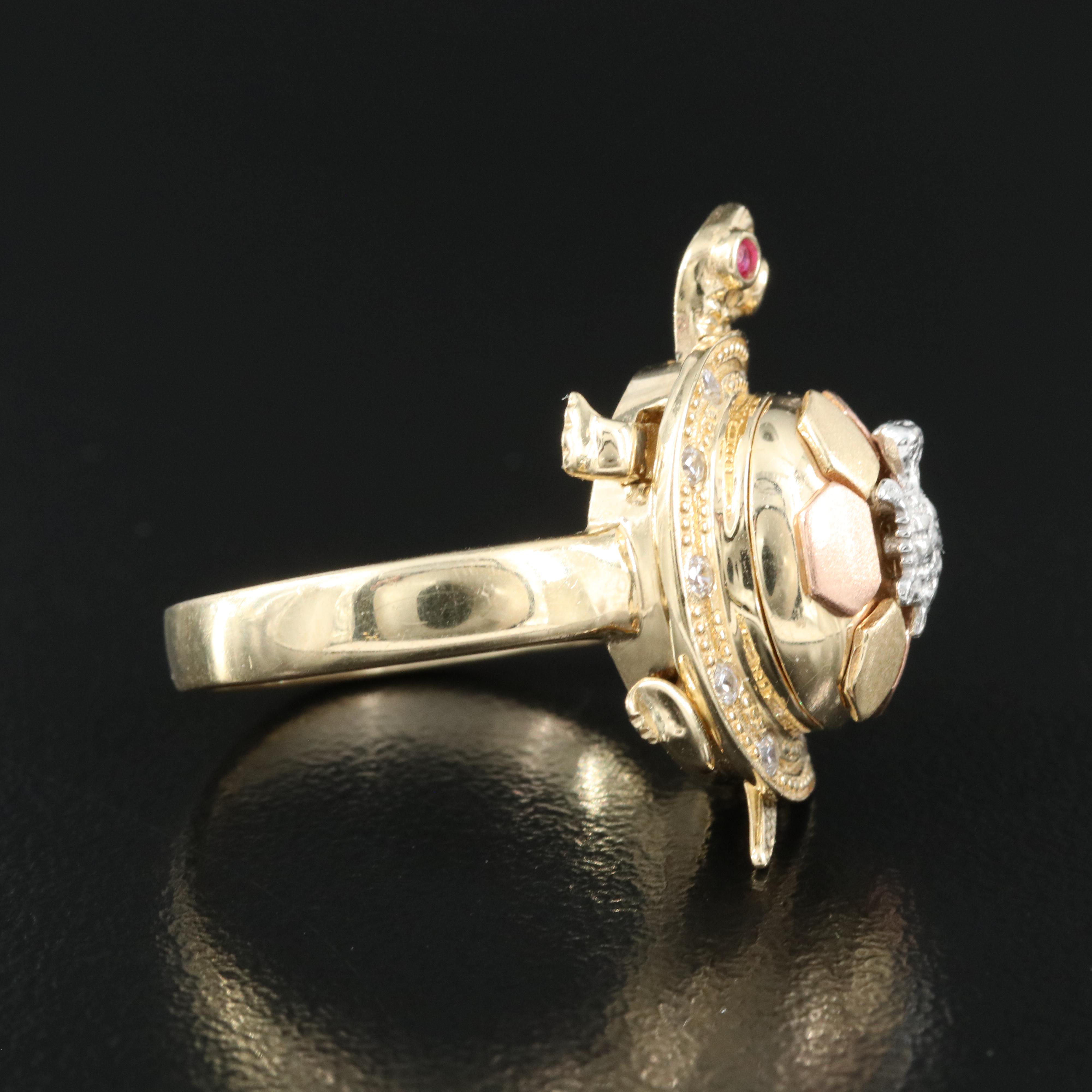 14K Tri-Color Gold Ruby and Cubic Zirconia Articulated Turtle Ring