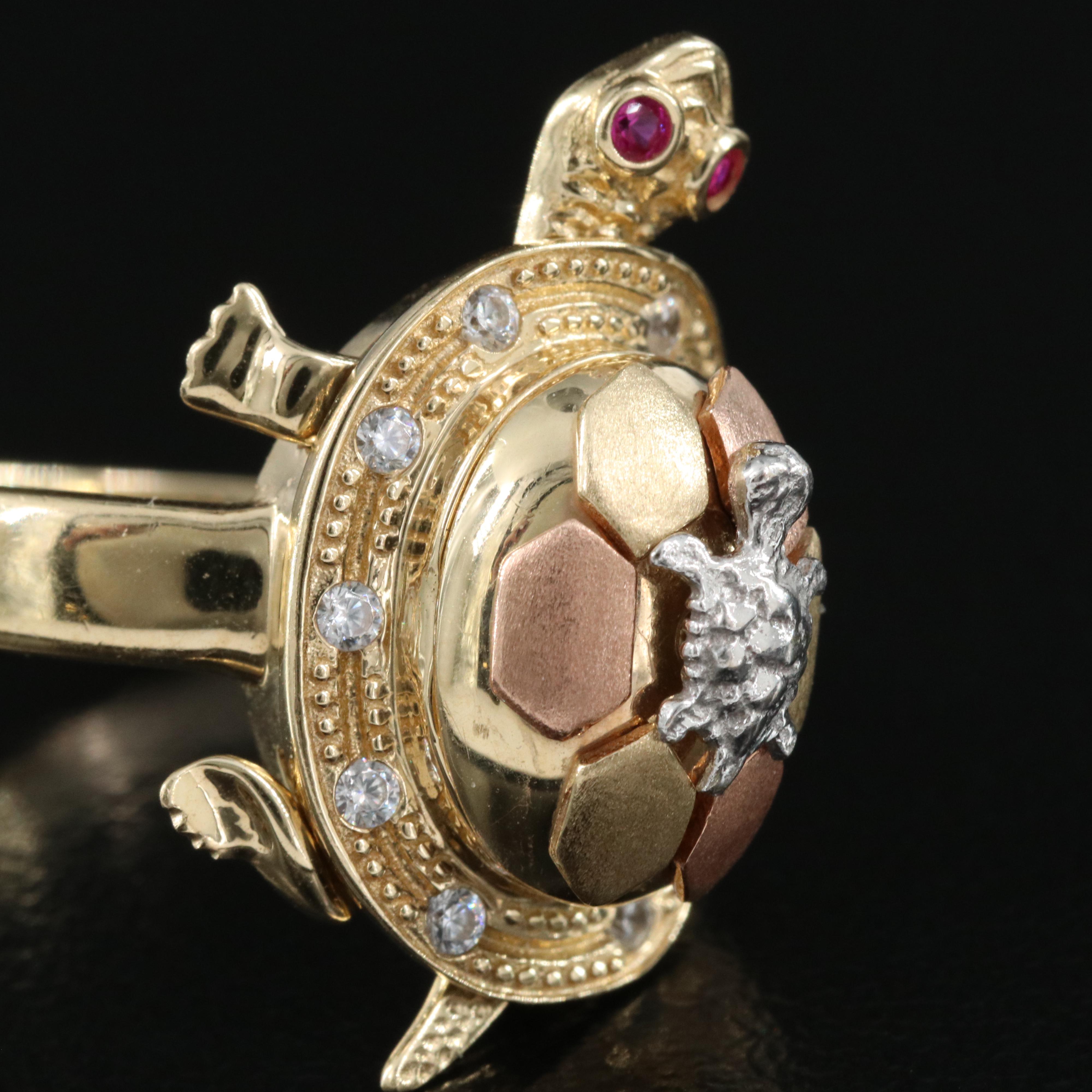 14K Tri-Color Gold Ruby and Cubic Zirconia Articulated Turtle Ring