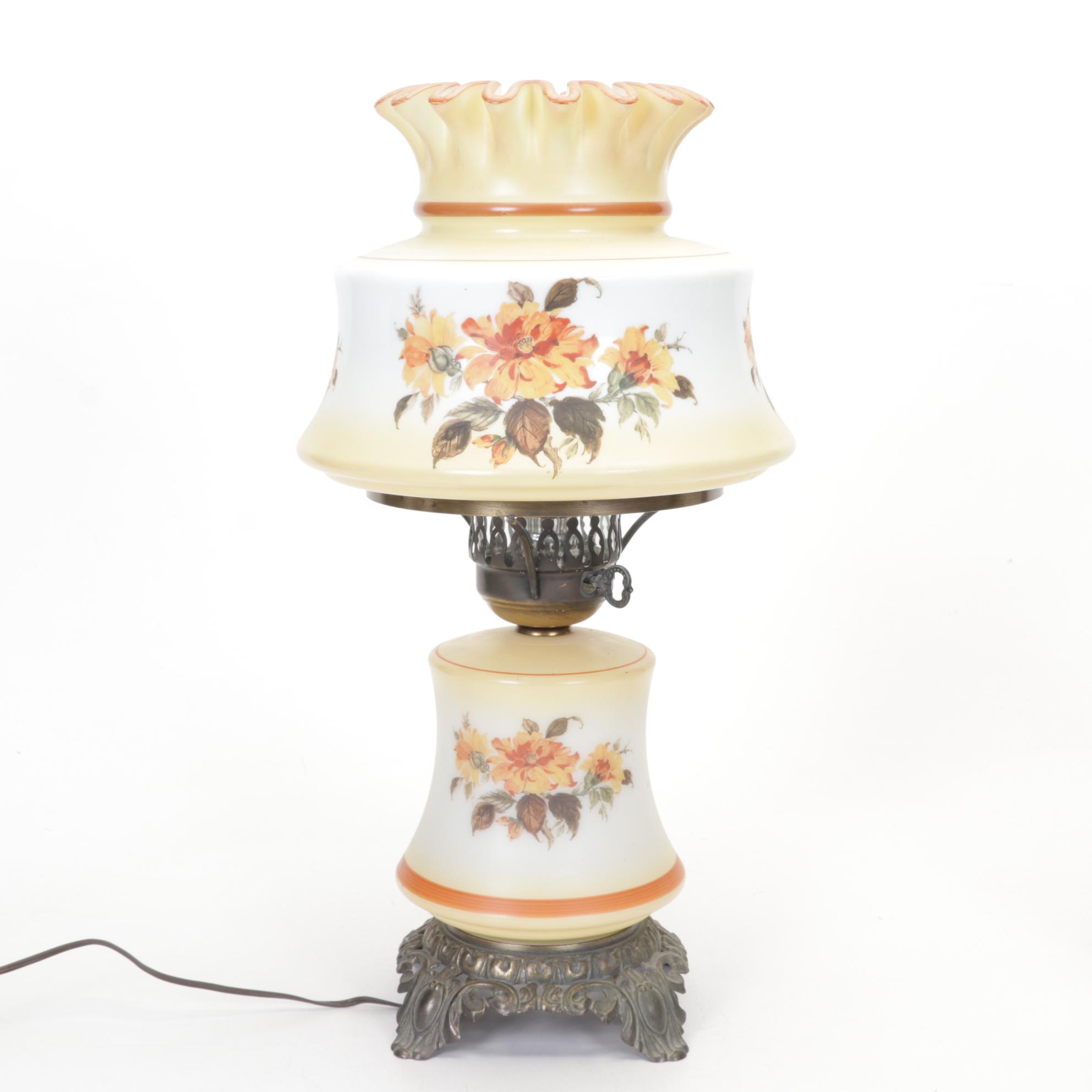 Victorian Style Glass and Metal Lamp, Ceramic Figurines and Porcelain Plates