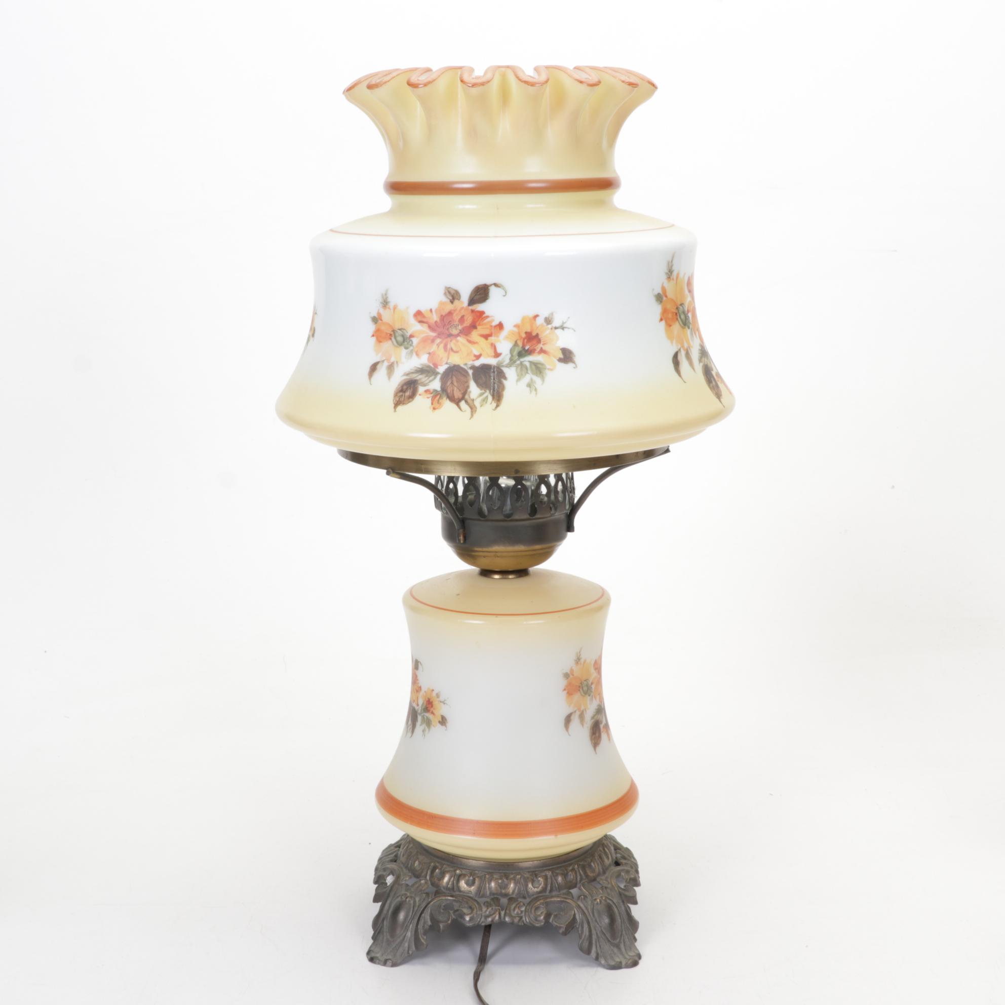 Victorian Style Glass and Metal Lamp, Ceramic Figurines and Porcelain Plates