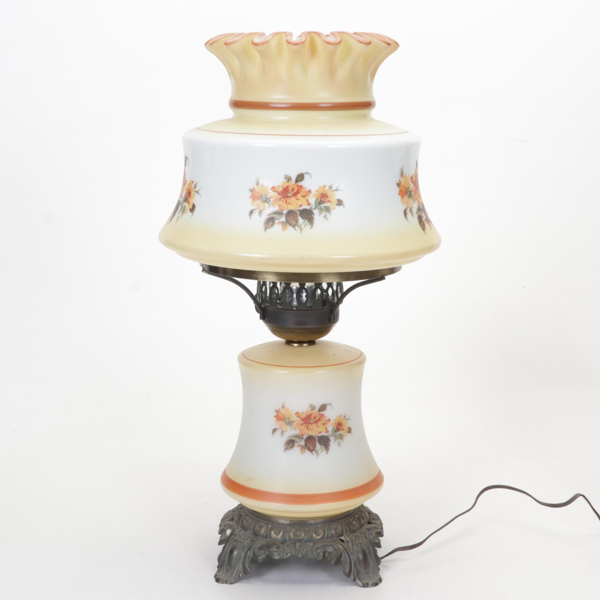 Victorian Style Glass and Metal Lamp, Ceramic Figurines and Porcelain Plates