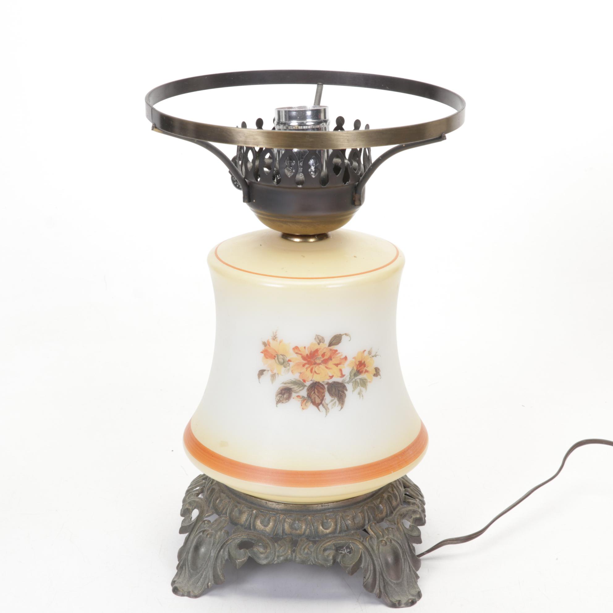 Victorian Style Glass and Metal Lamp, Ceramic Figurines and Porcelain Plates