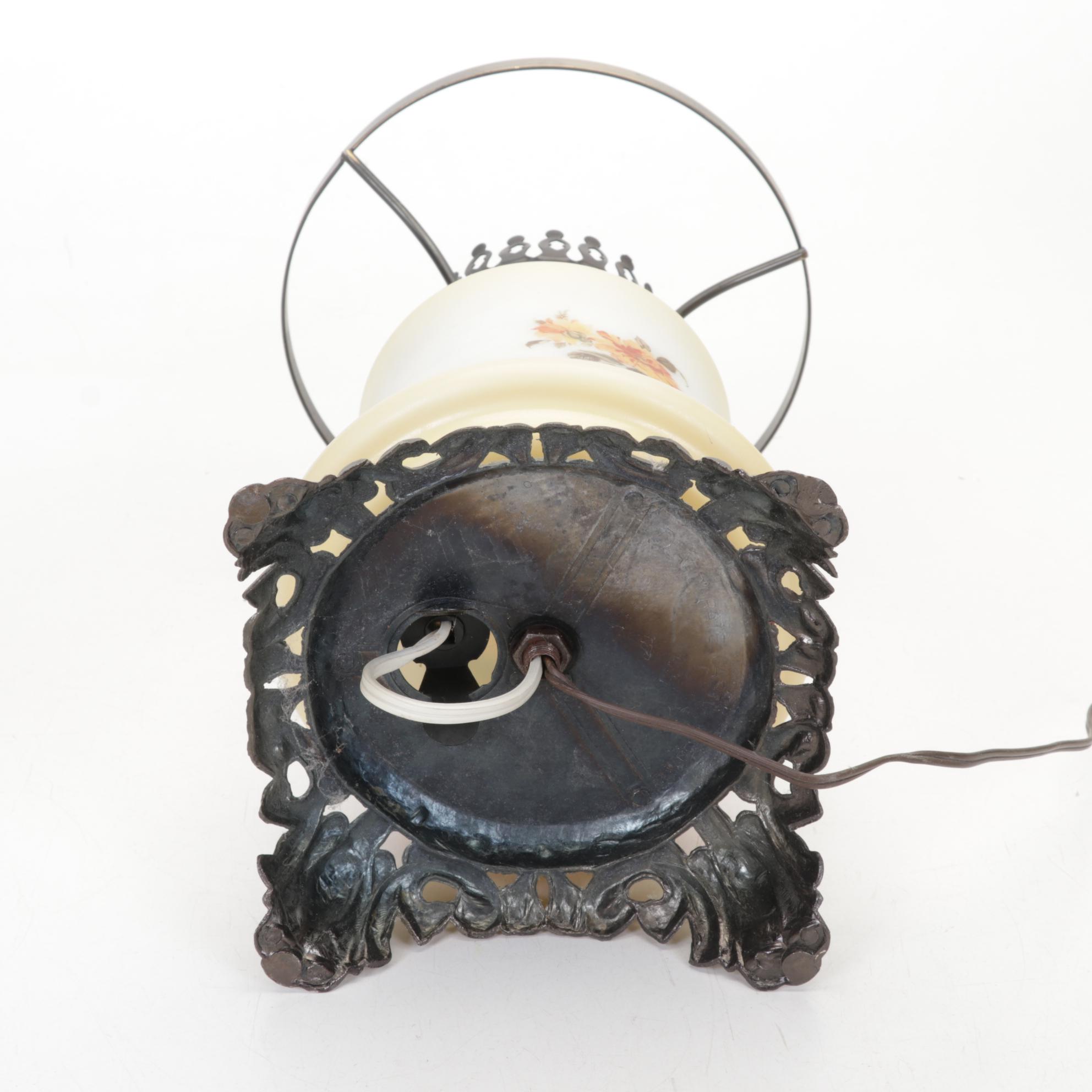 Victorian Style Glass and Metal Lamp, Ceramic Figurines and Porcelain Plates