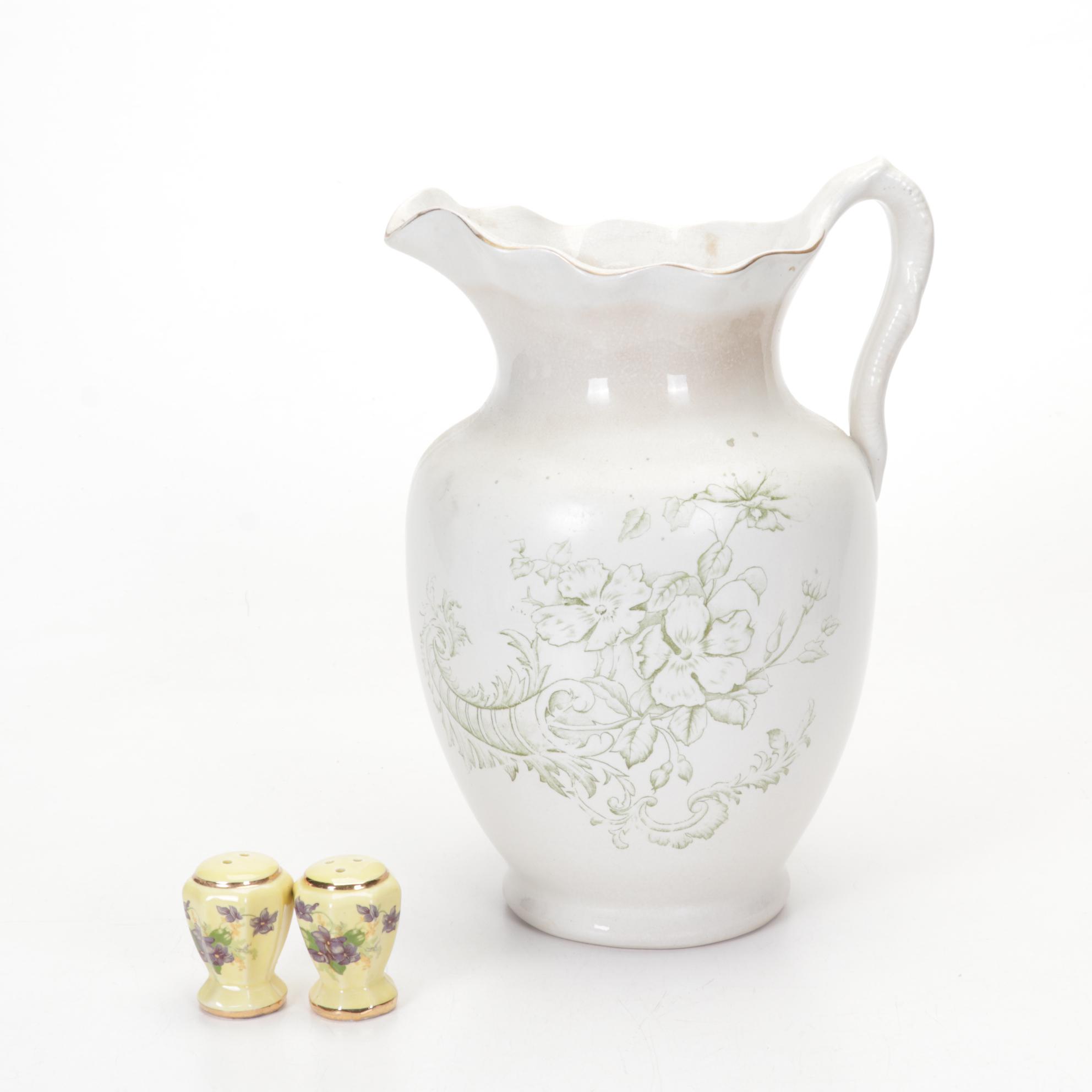 Victorian Style Glass and Metal Lamp, Ceramic Figurines and Porcelain Plates