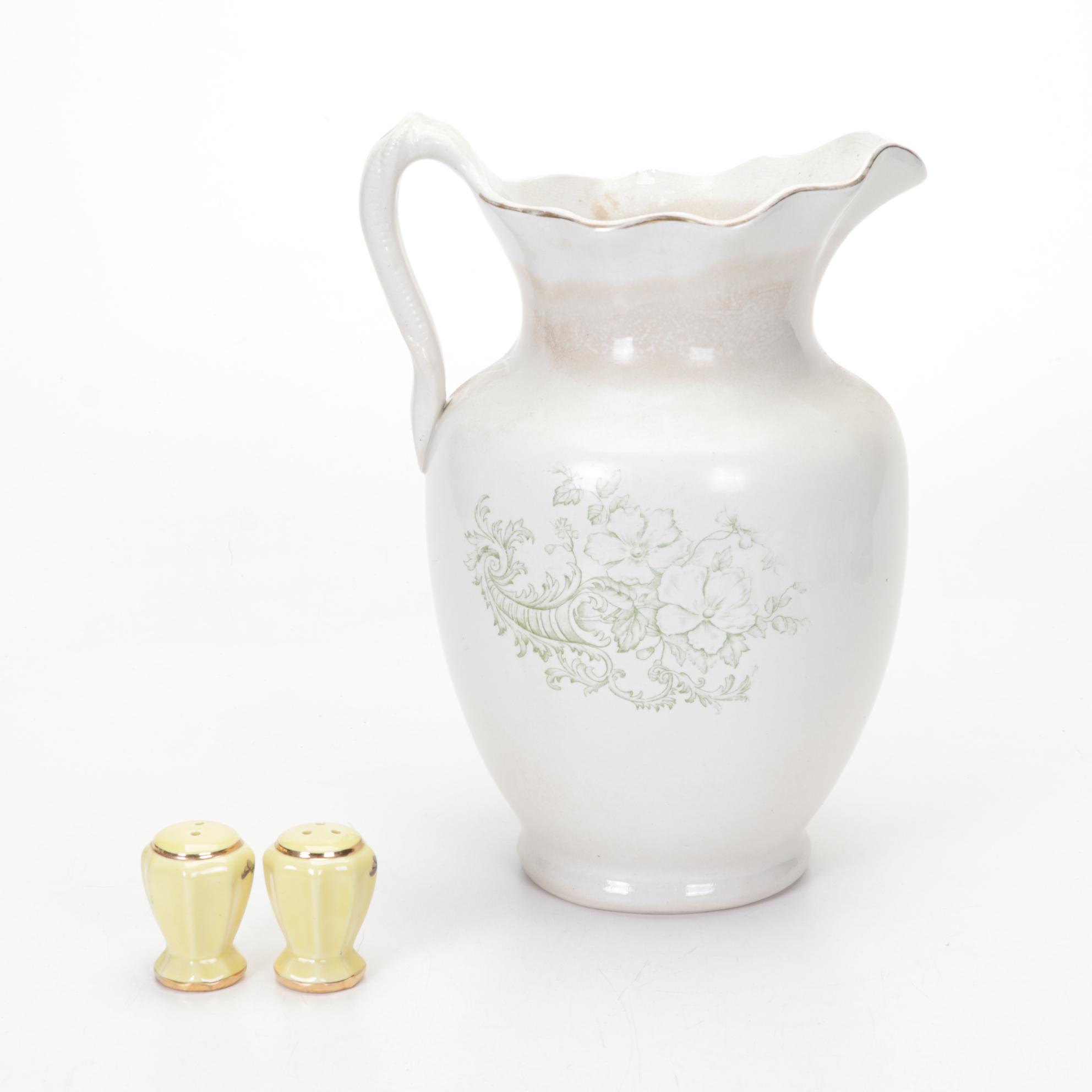 Victorian Style Glass and Metal Lamp, Ceramic Figurines and Porcelain Plates