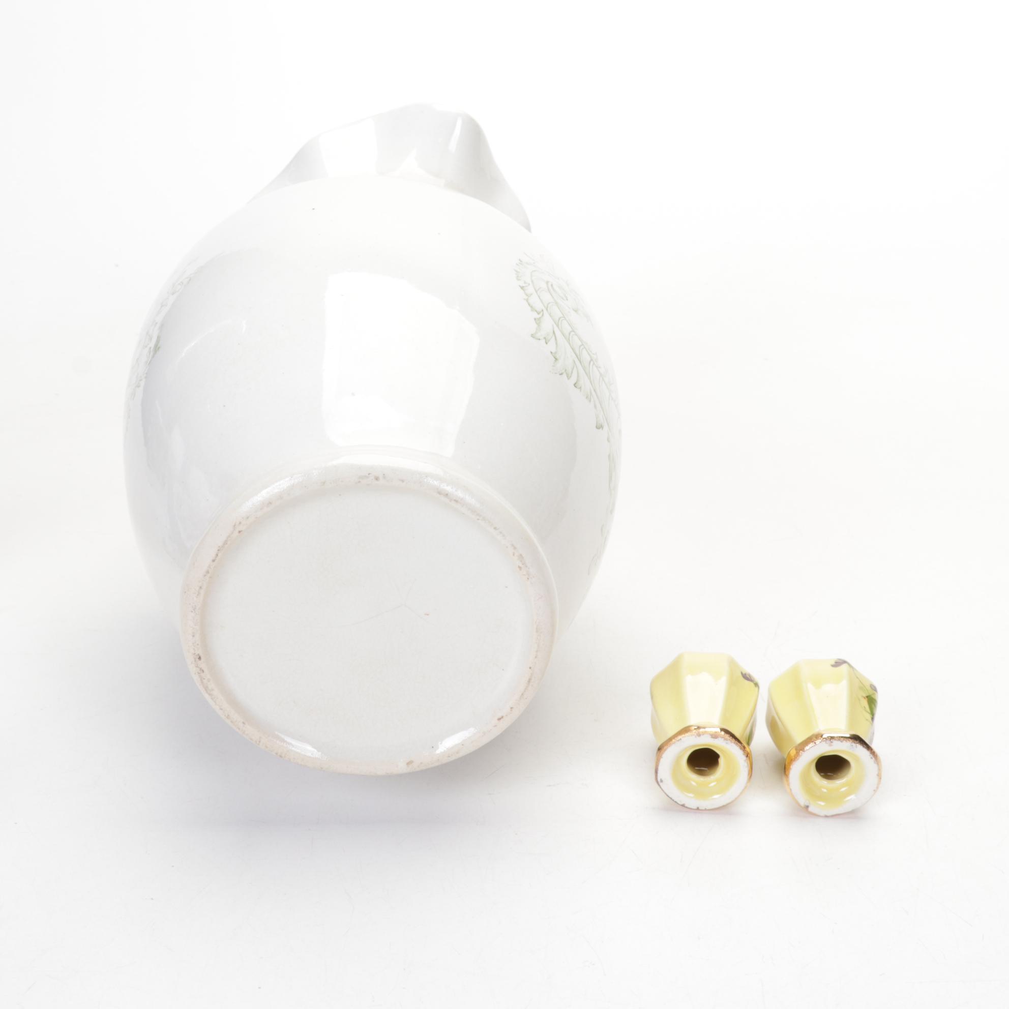 Victorian Style Glass and Metal Lamp, Ceramic Figurines and Porcelain Plates