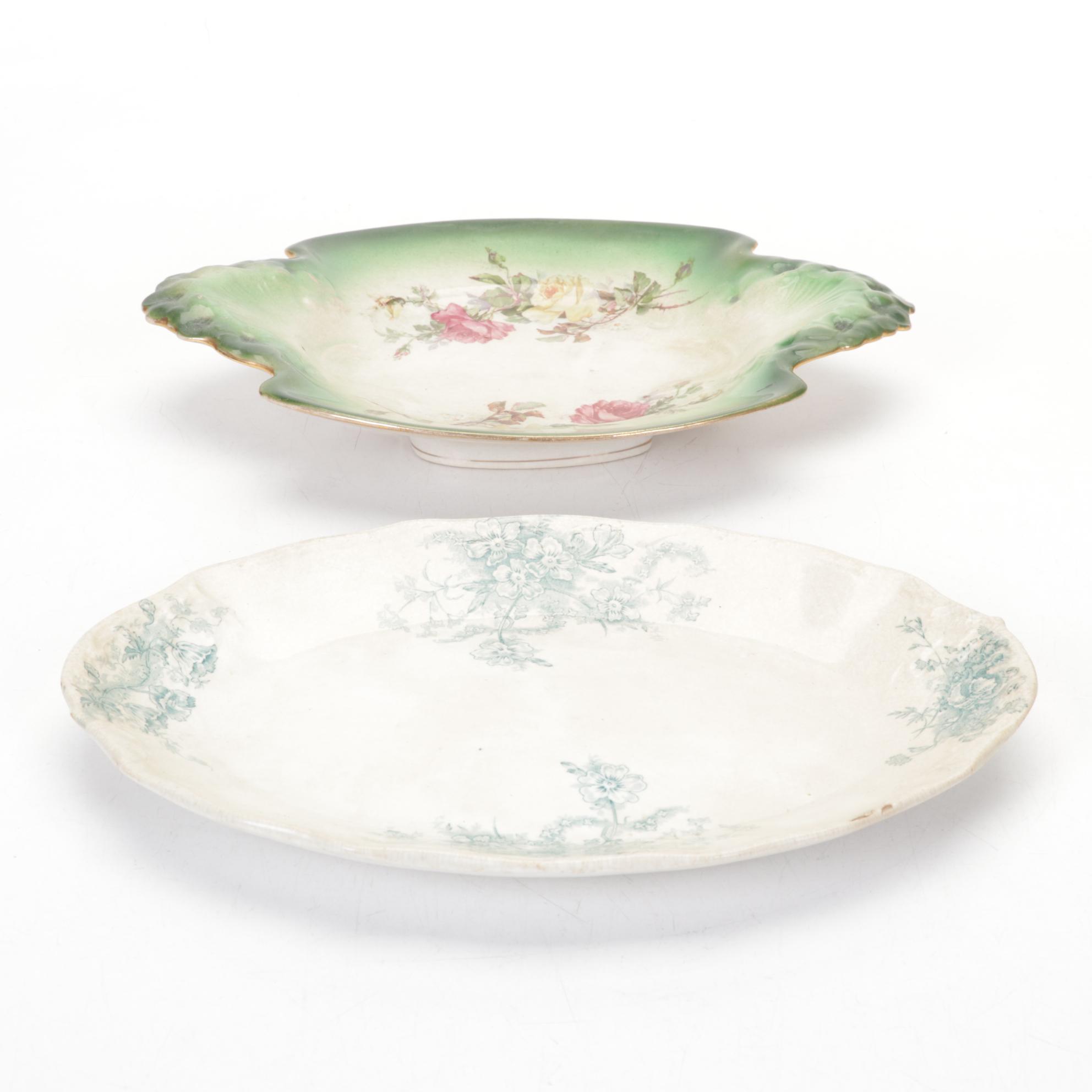 Victorian Style Glass and Metal Lamp, Ceramic Figurines and Porcelain Plates