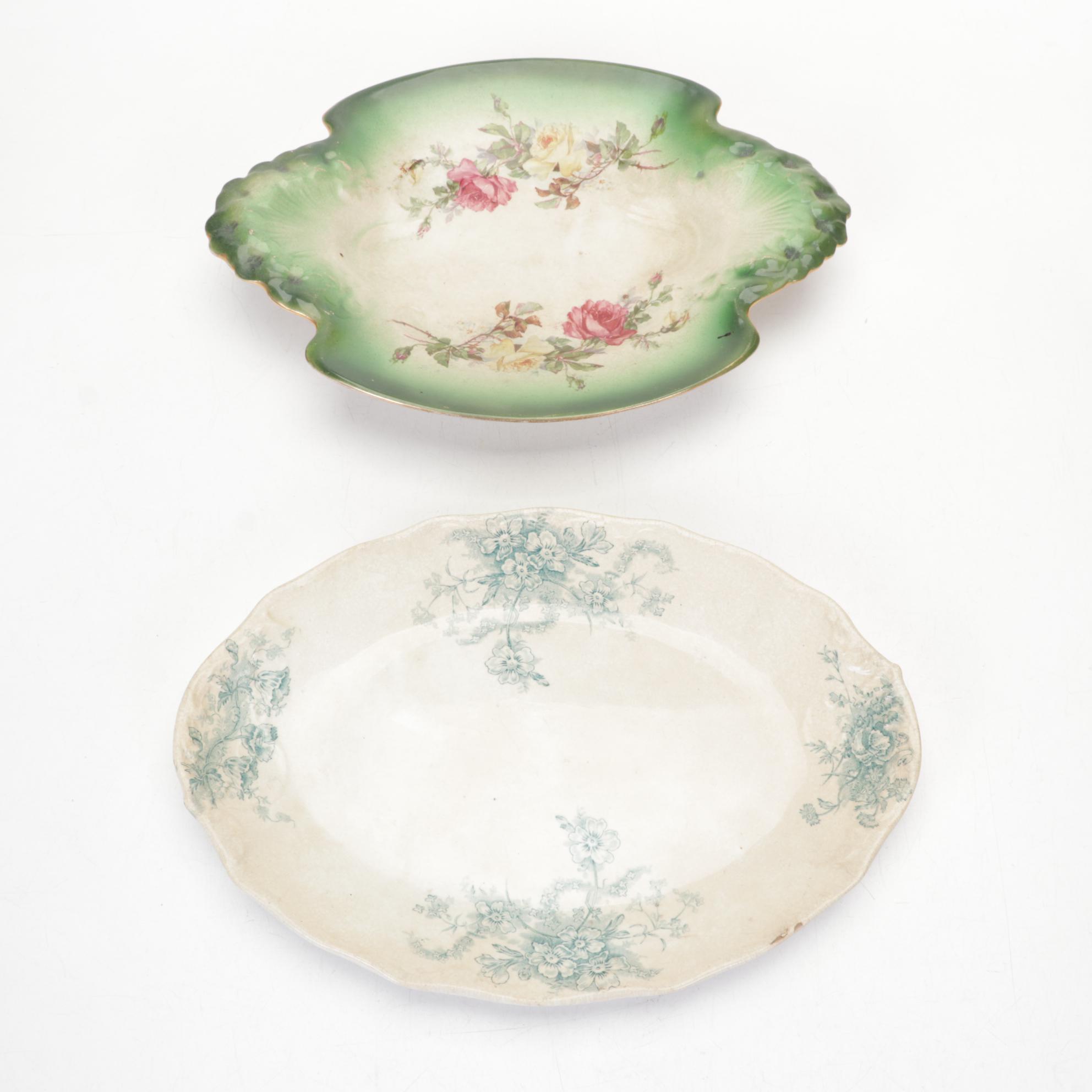 Victorian Style Glass and Metal Lamp, Ceramic Figurines and Porcelain Plates