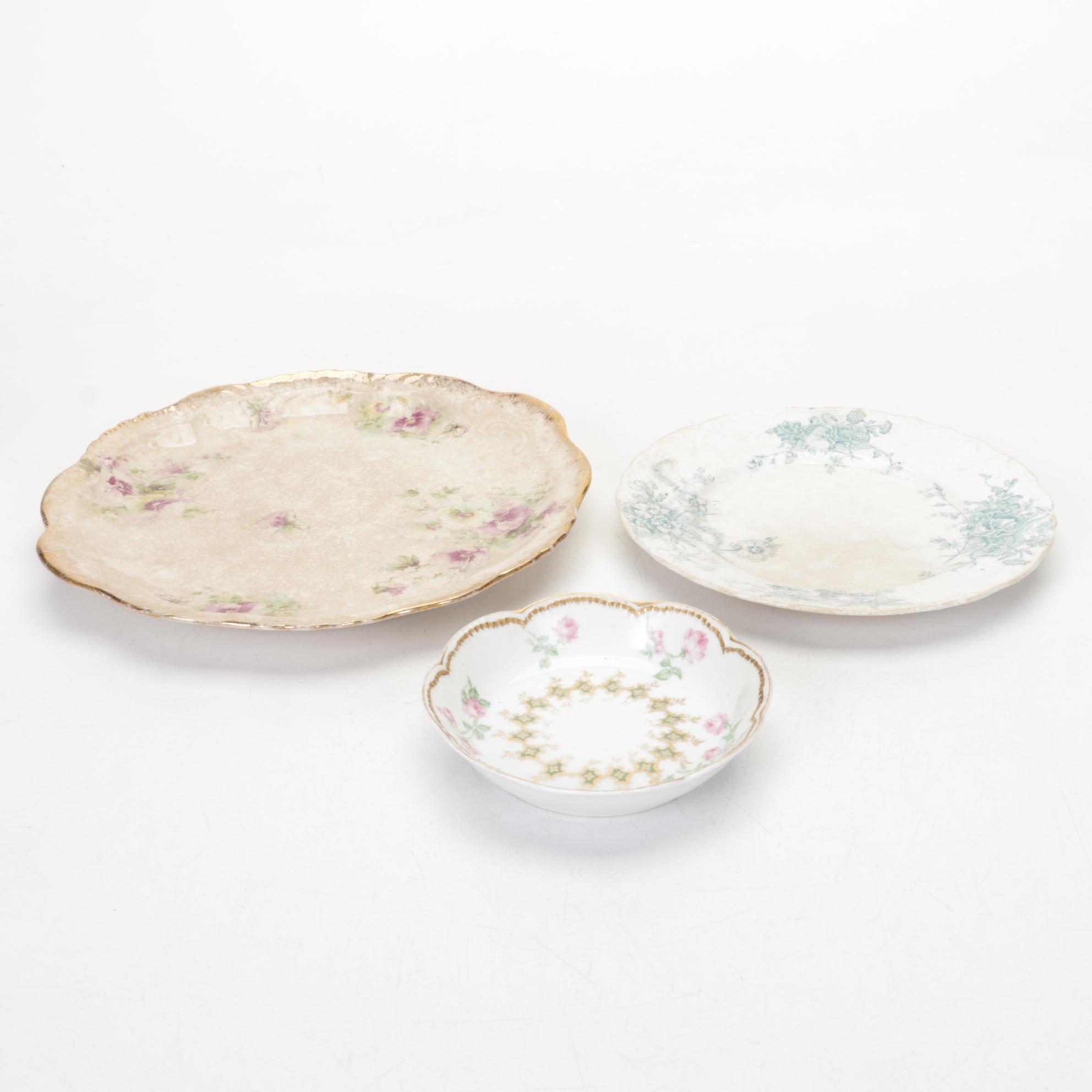 Victorian Style Glass and Metal Lamp, Ceramic Figurines and Porcelain Plates