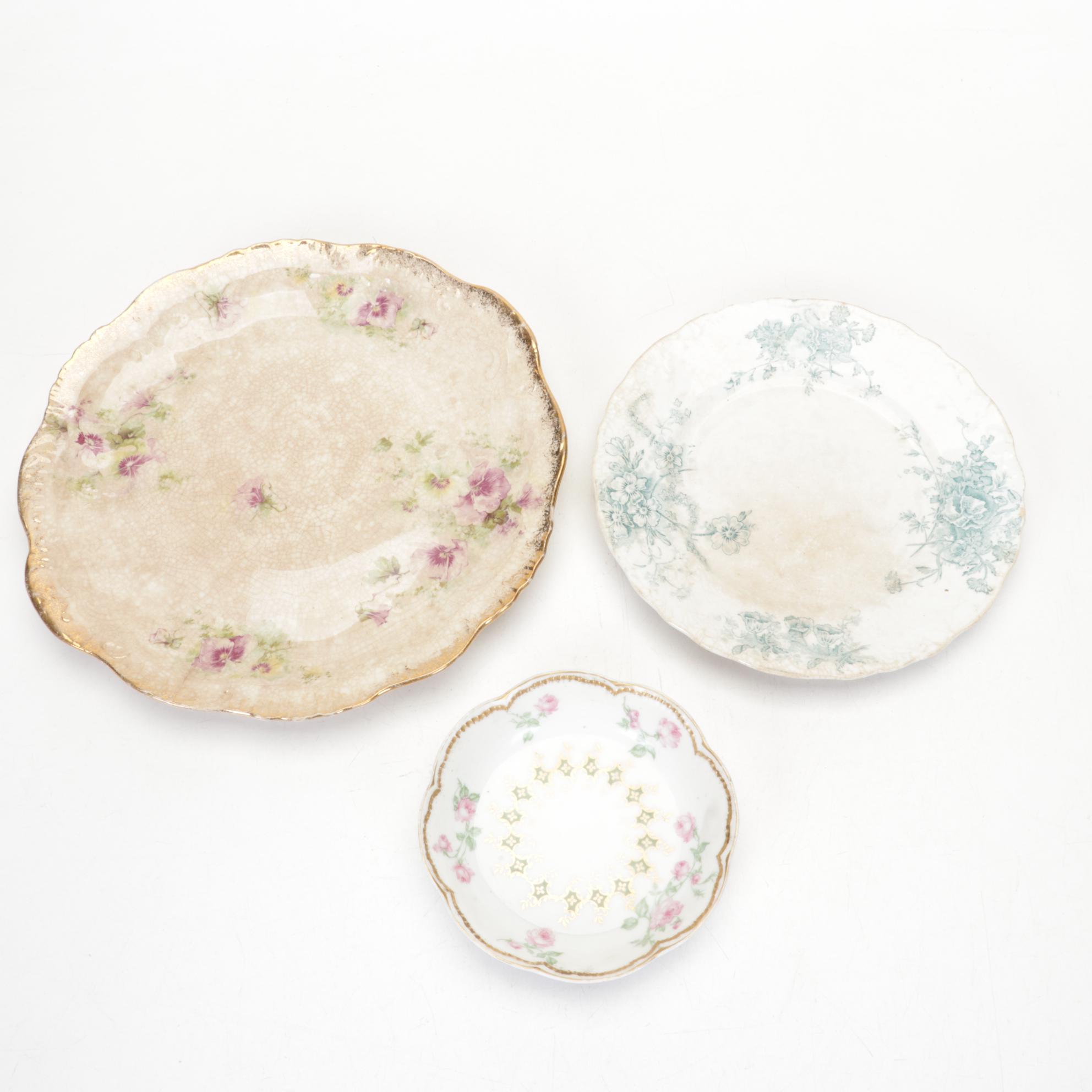 Victorian Style Glass and Metal Lamp, Ceramic Figurines and Porcelain Plates