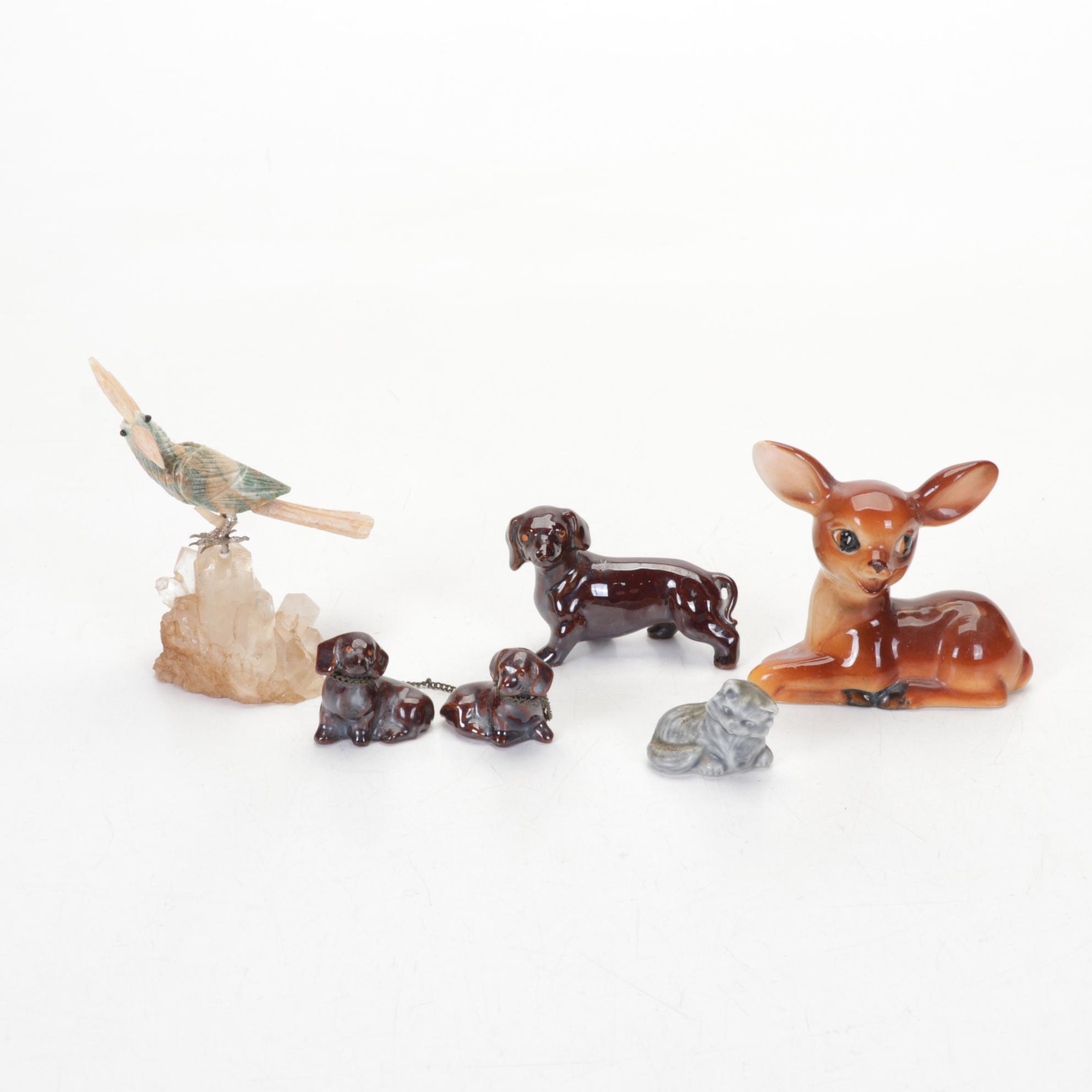 Victorian Style Glass and Metal Lamp, Ceramic Figurines and Porcelain Plates