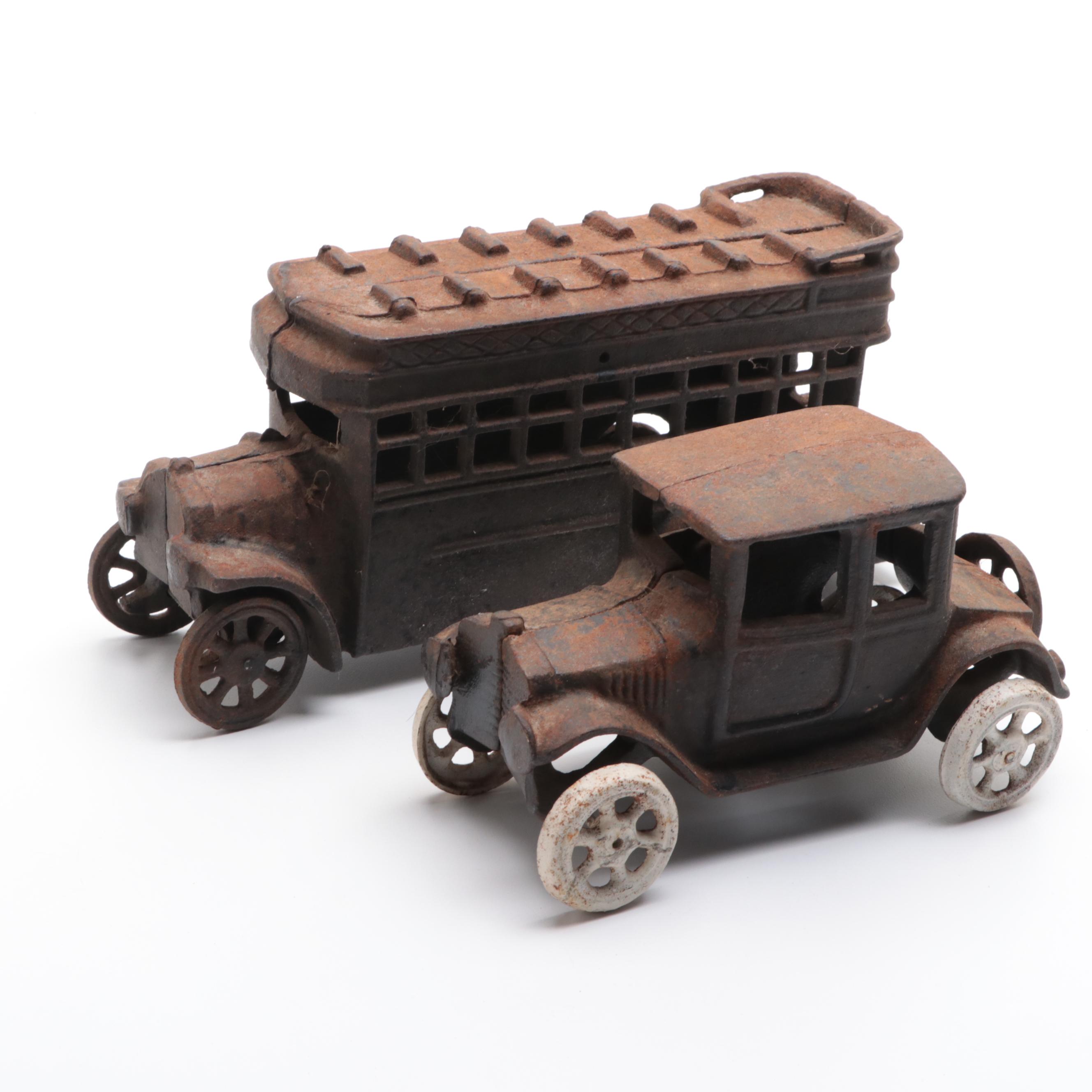 Cast Iron Toy Bus and Car, Early 20th Century