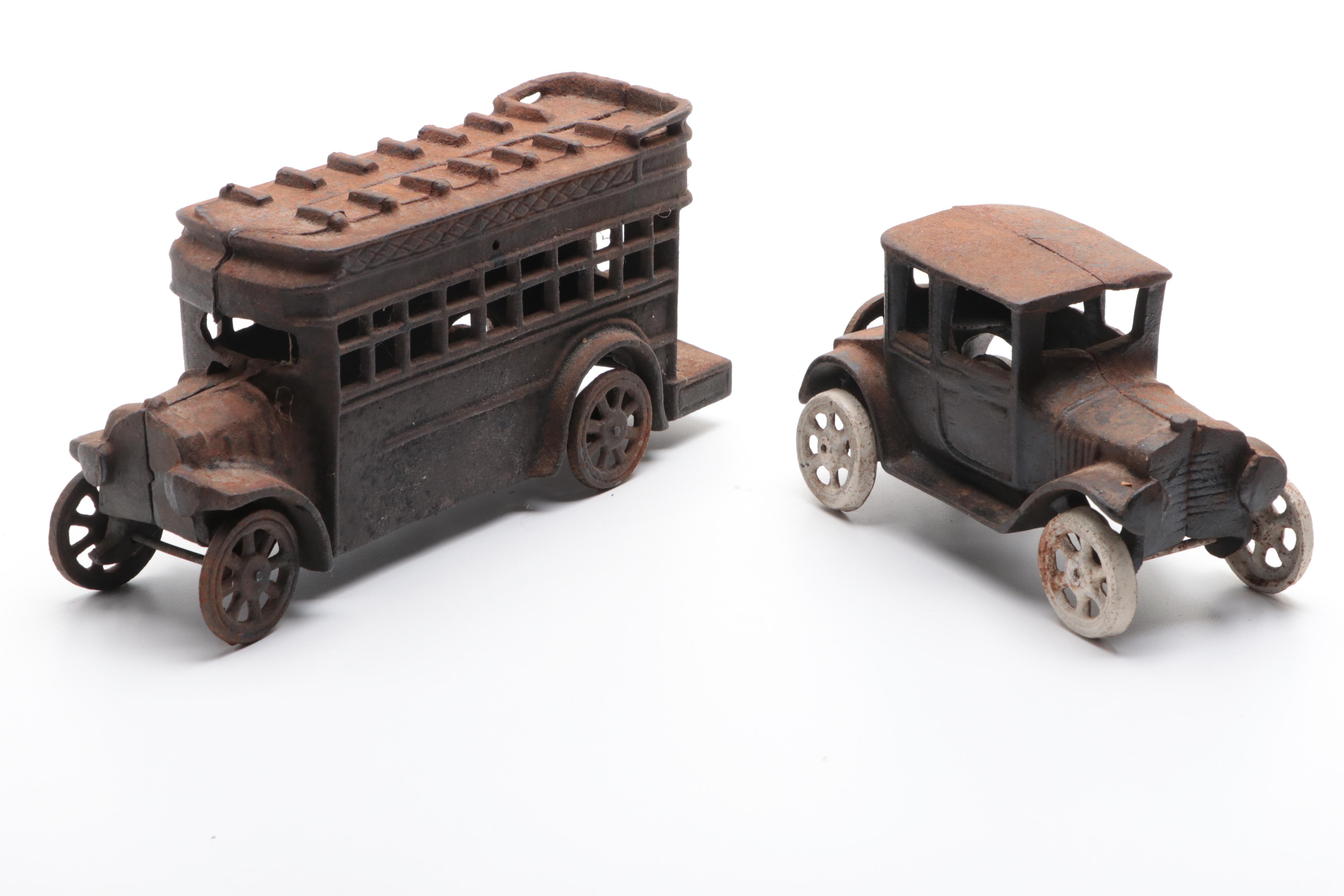 Cast Iron Toy Bus and Car, Early 20th Century