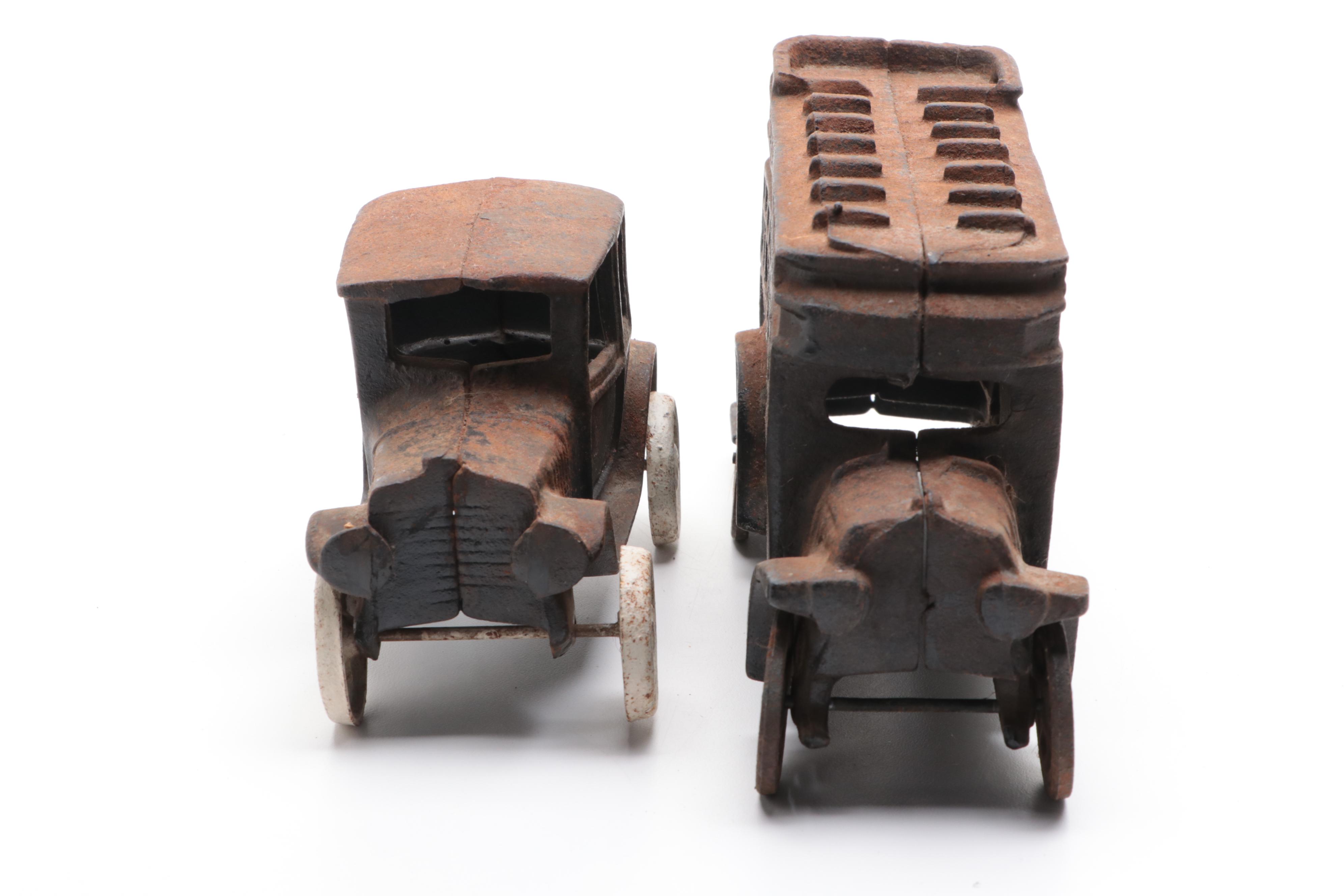 Cast Iron Toy Bus and Car, Early 20th Century