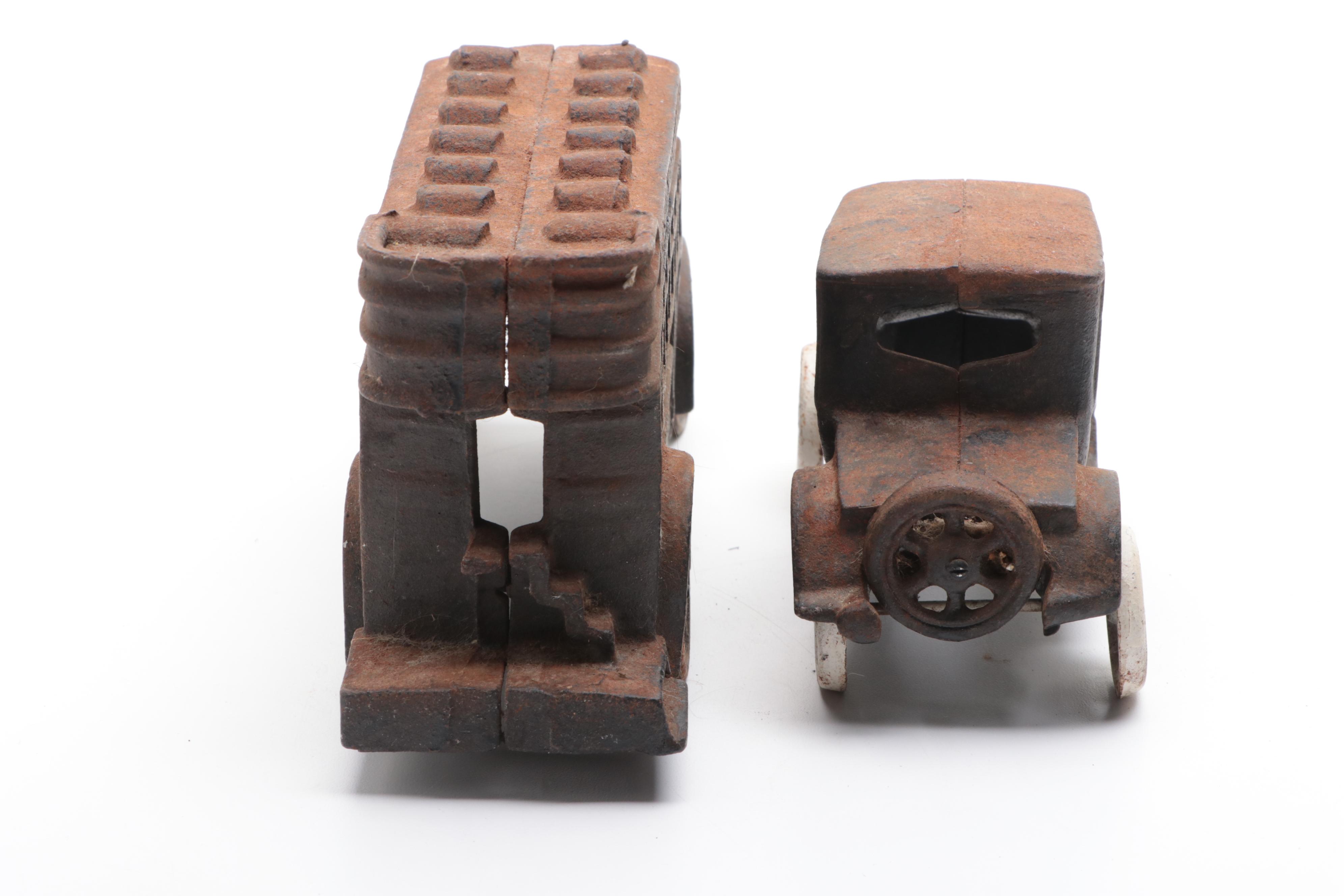 Cast Iron Toy Bus and Car, Early 20th Century
