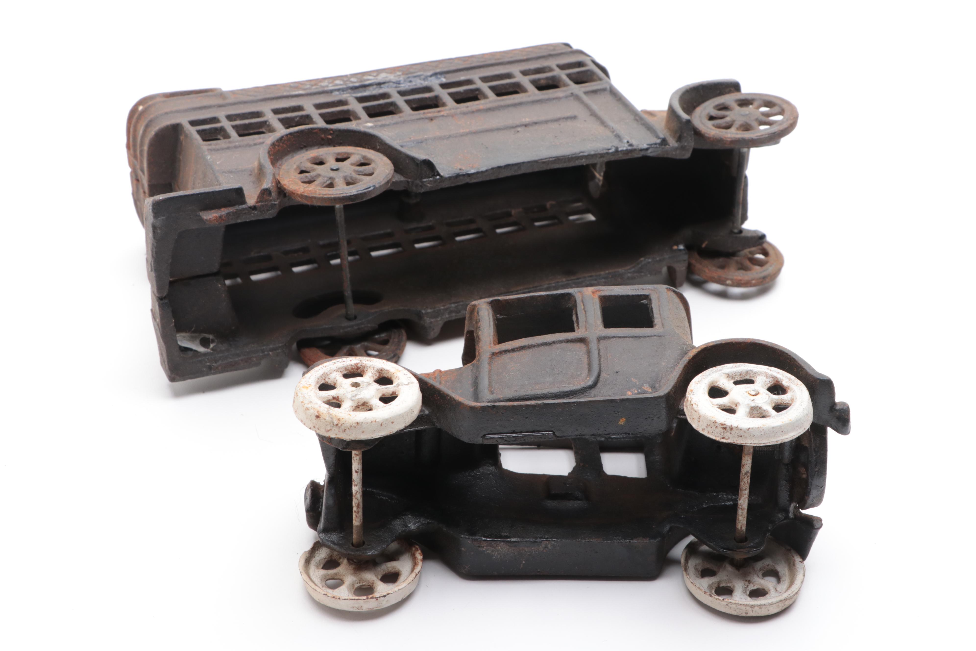 Cast Iron Toy Bus and Car, Early 20th Century