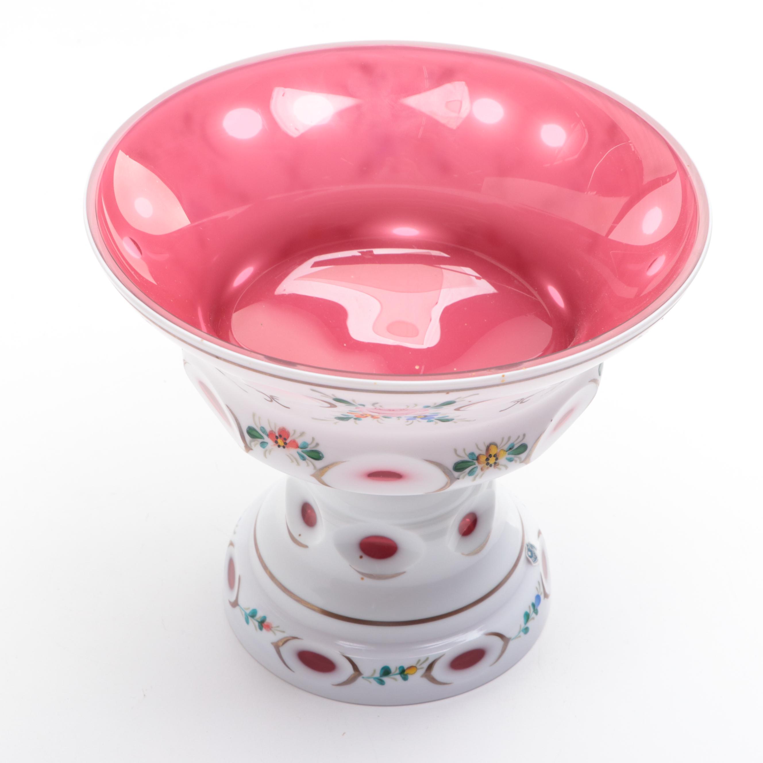 Bohemian White Cut to Cranberry Glass Compote with Floral Design, 1970s