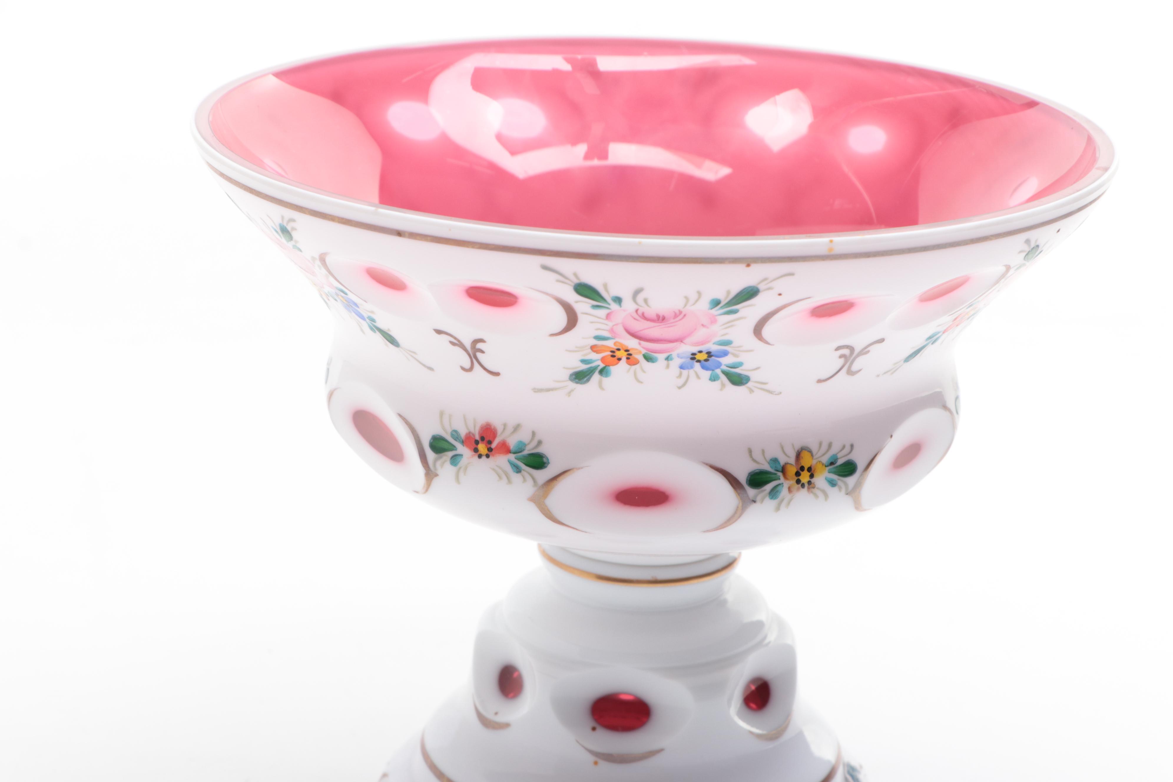 Bohemian White Cut to Cranberry Glass Compote with Floral Design, 1970s