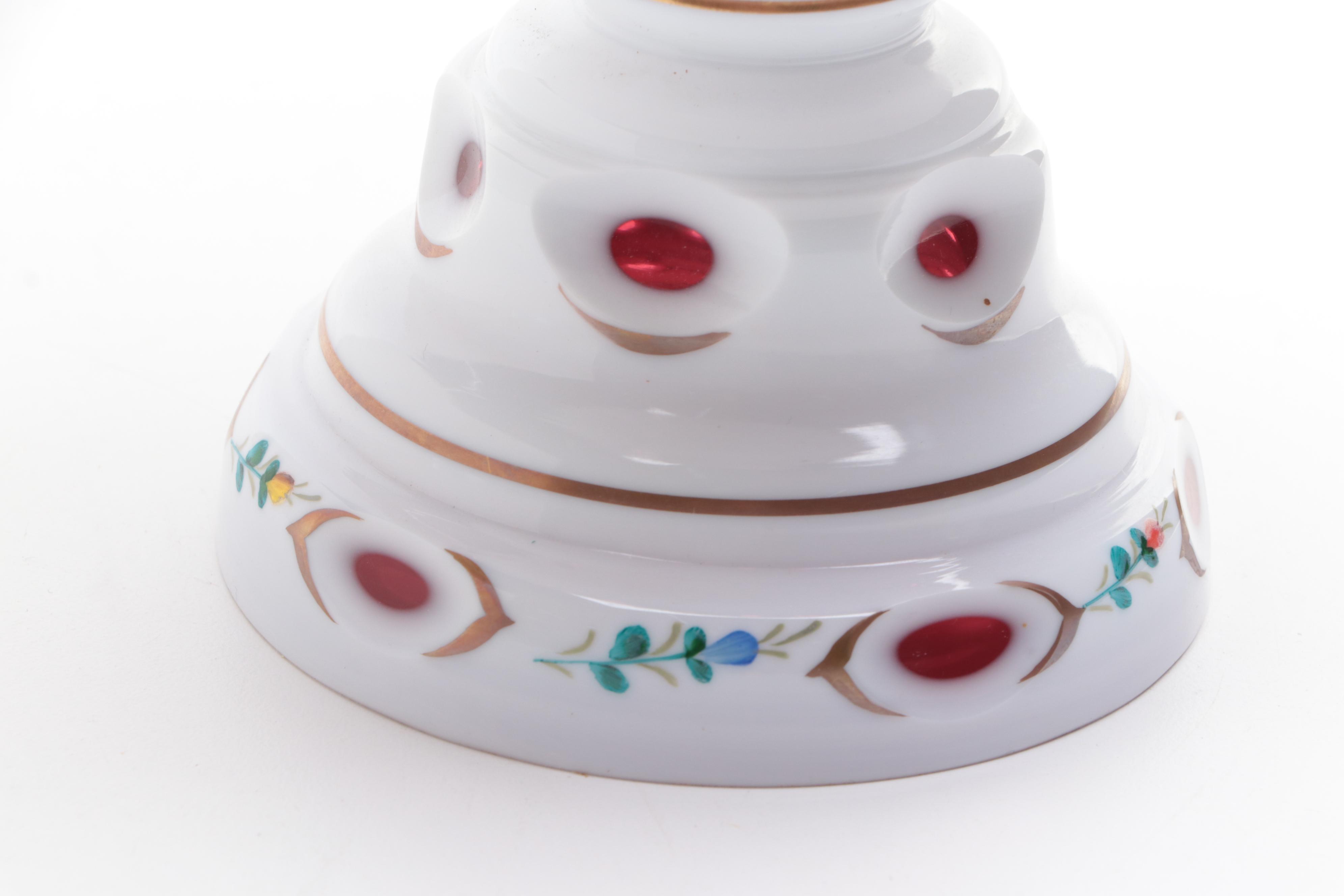 Bohemian White Cut to Cranberry Glass Compote with Floral Design, 1970s
