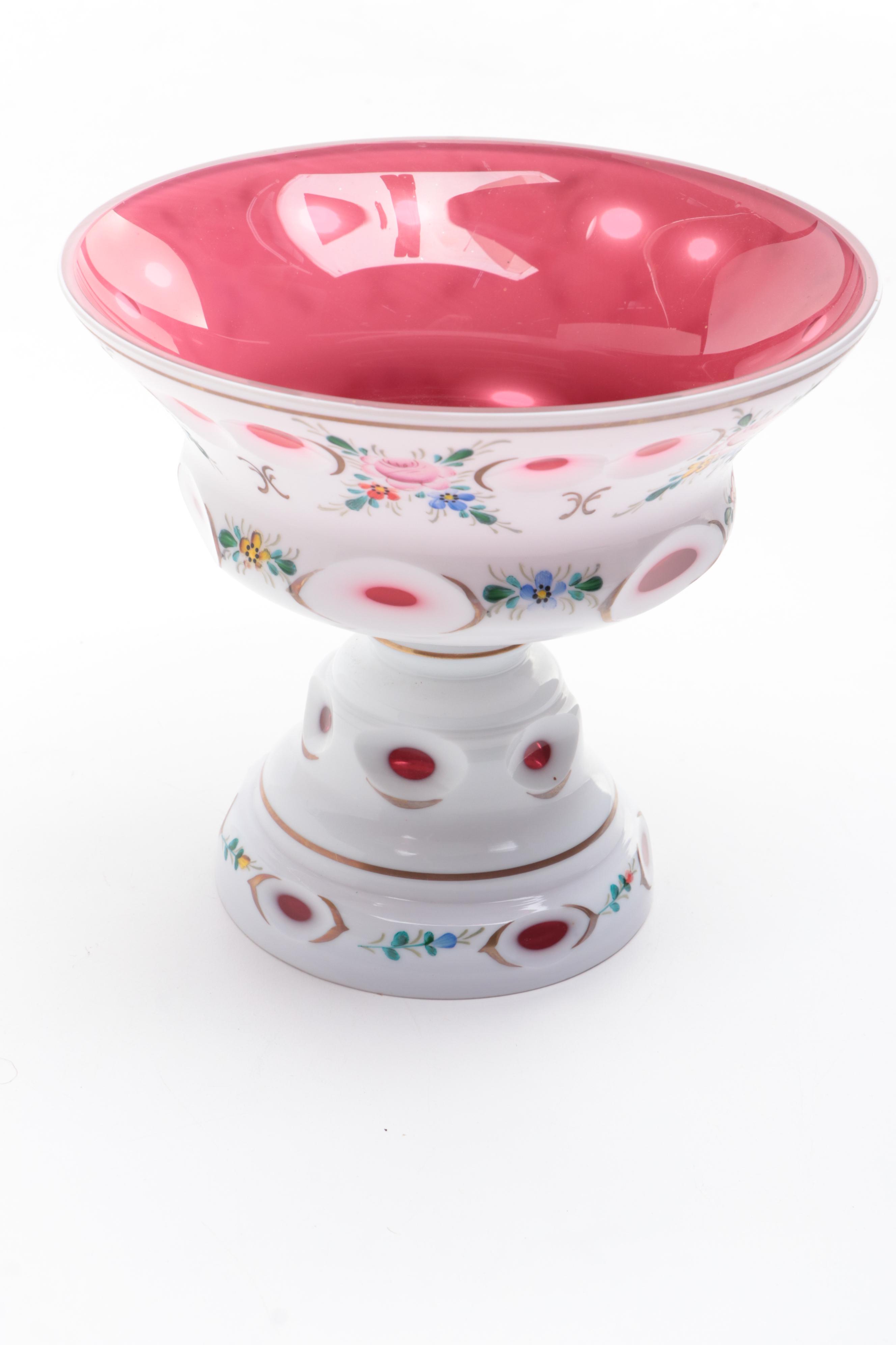 Bohemian White Cut to Cranberry Glass Compote with Floral Design, 1970s