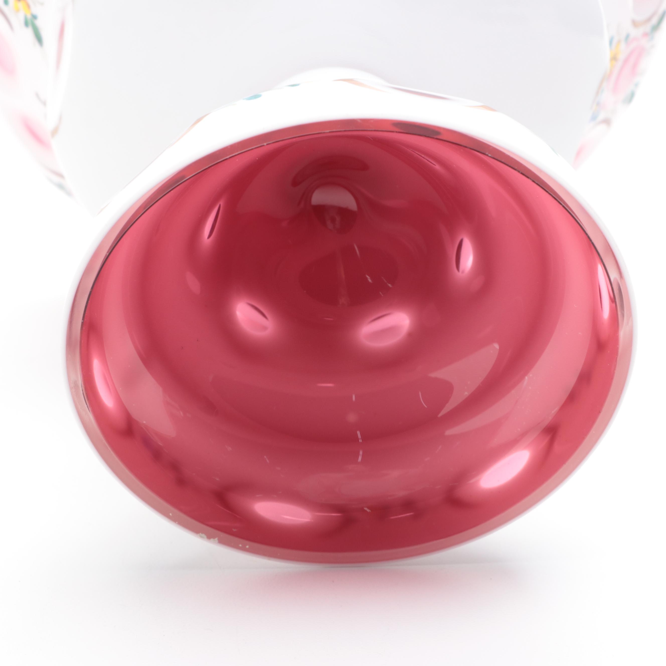 Bohemian White Cut to Cranberry Glass Compote with Floral Design, 1970s