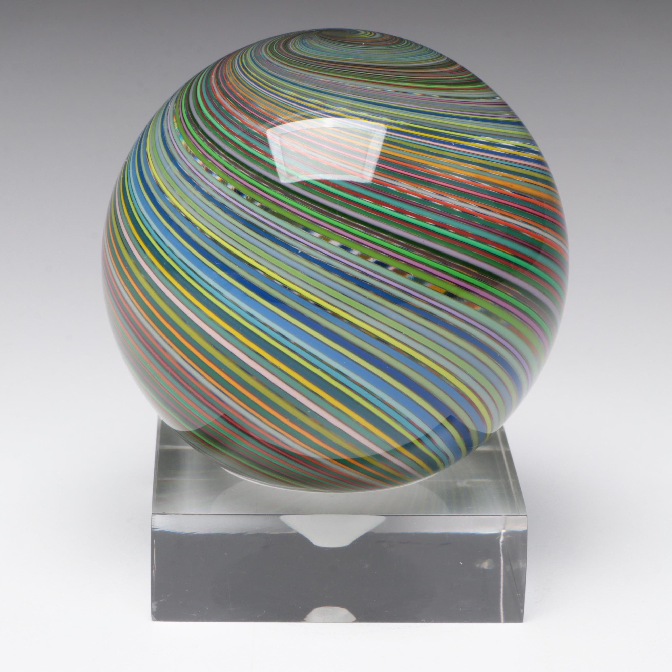 Mark Matthews Multicolor Filigrana Art Glass Sphere on Acrylic Base,1995