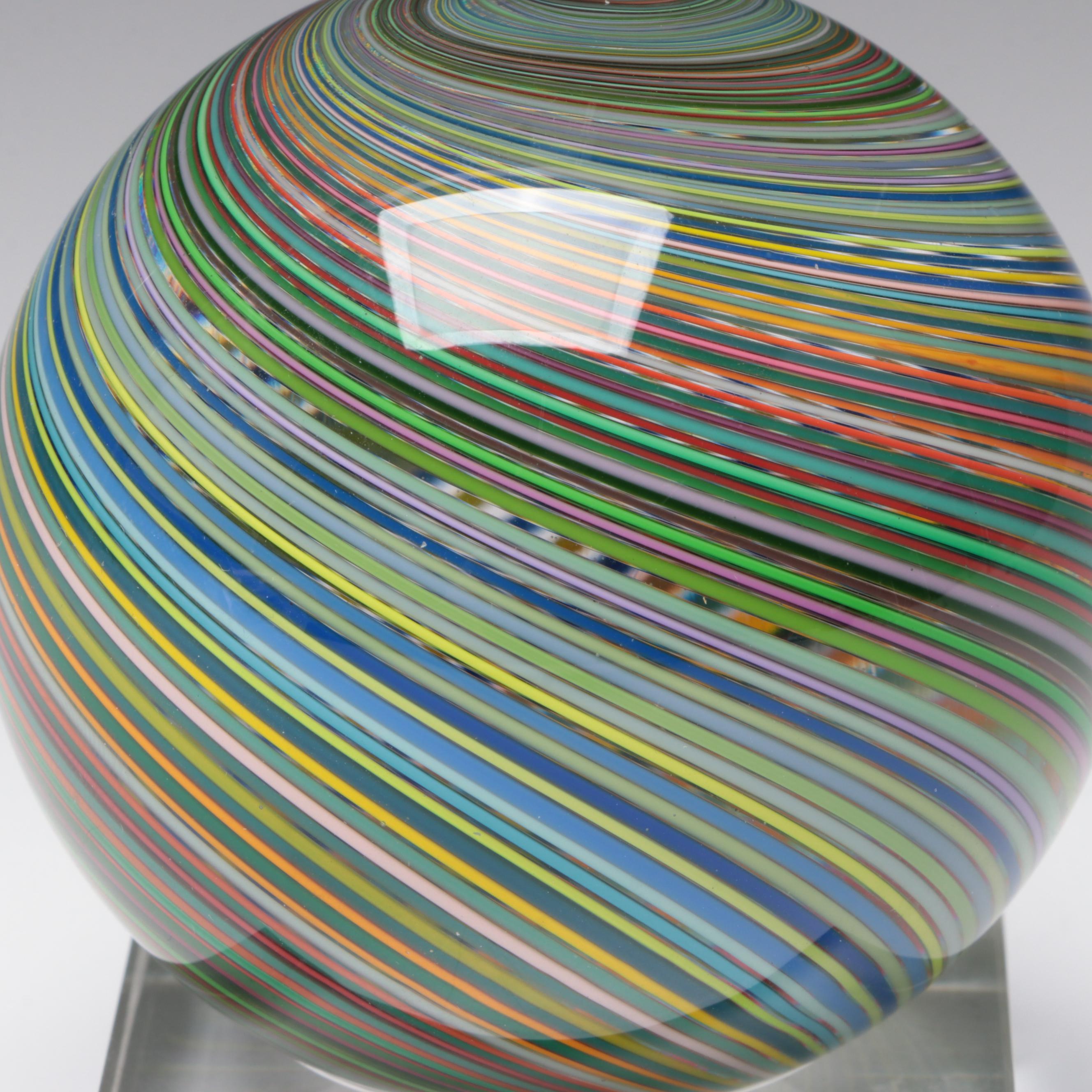 Mark Matthews Multicolor Filigrana Art Glass Sphere on Acrylic Base,1995