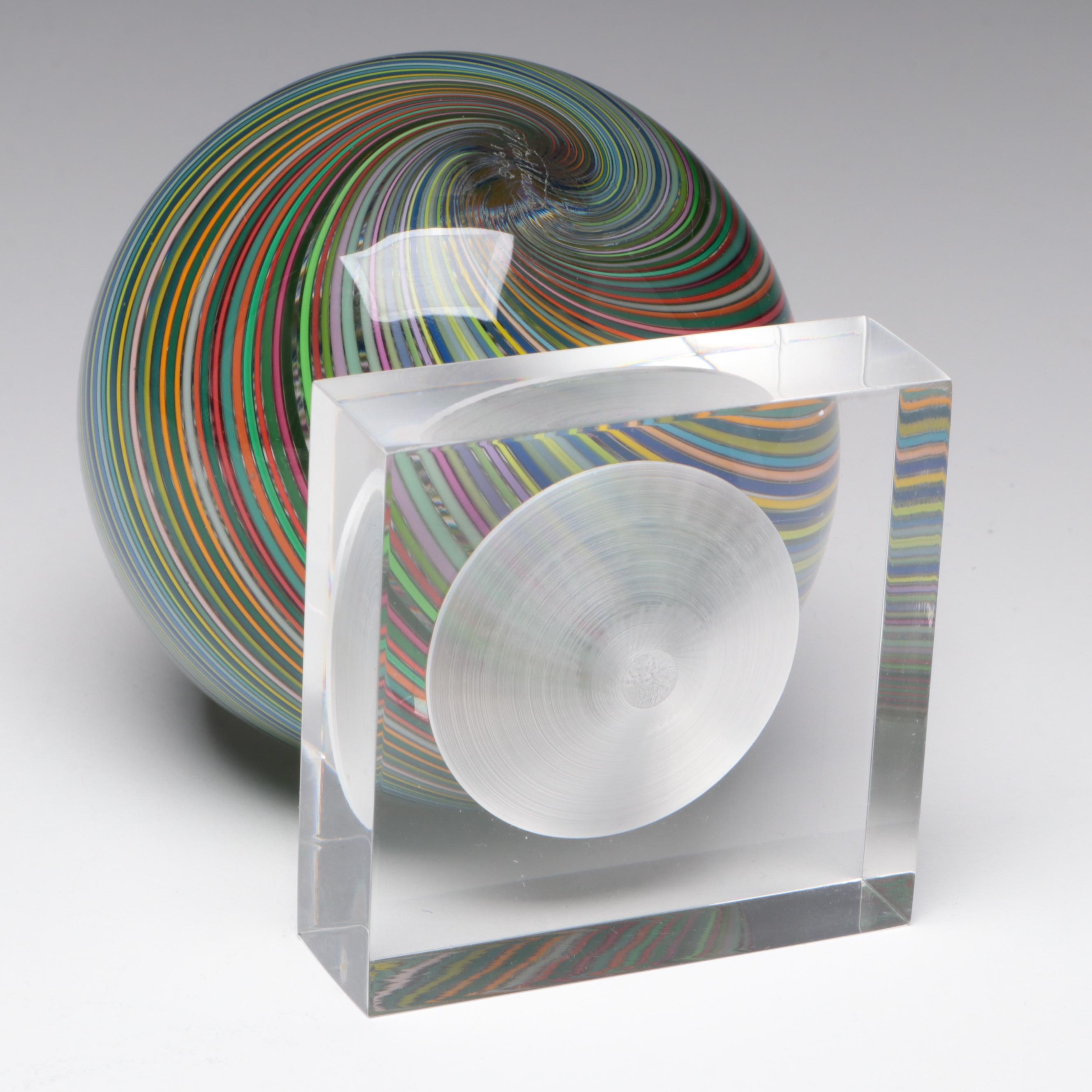 Mark Matthews Multicolor Filigrana Art Glass Sphere on Acrylic Base,1995