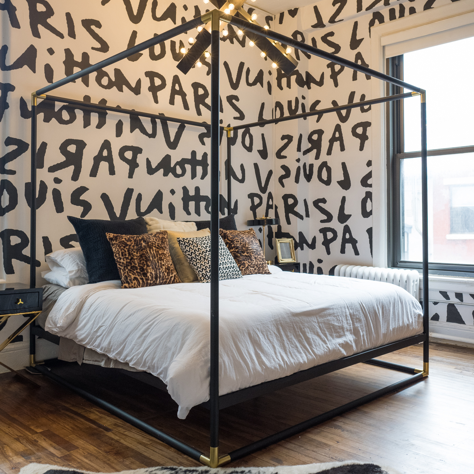 Matt Black Metal King Bed Frame with Brushed Brass Finish Fittings