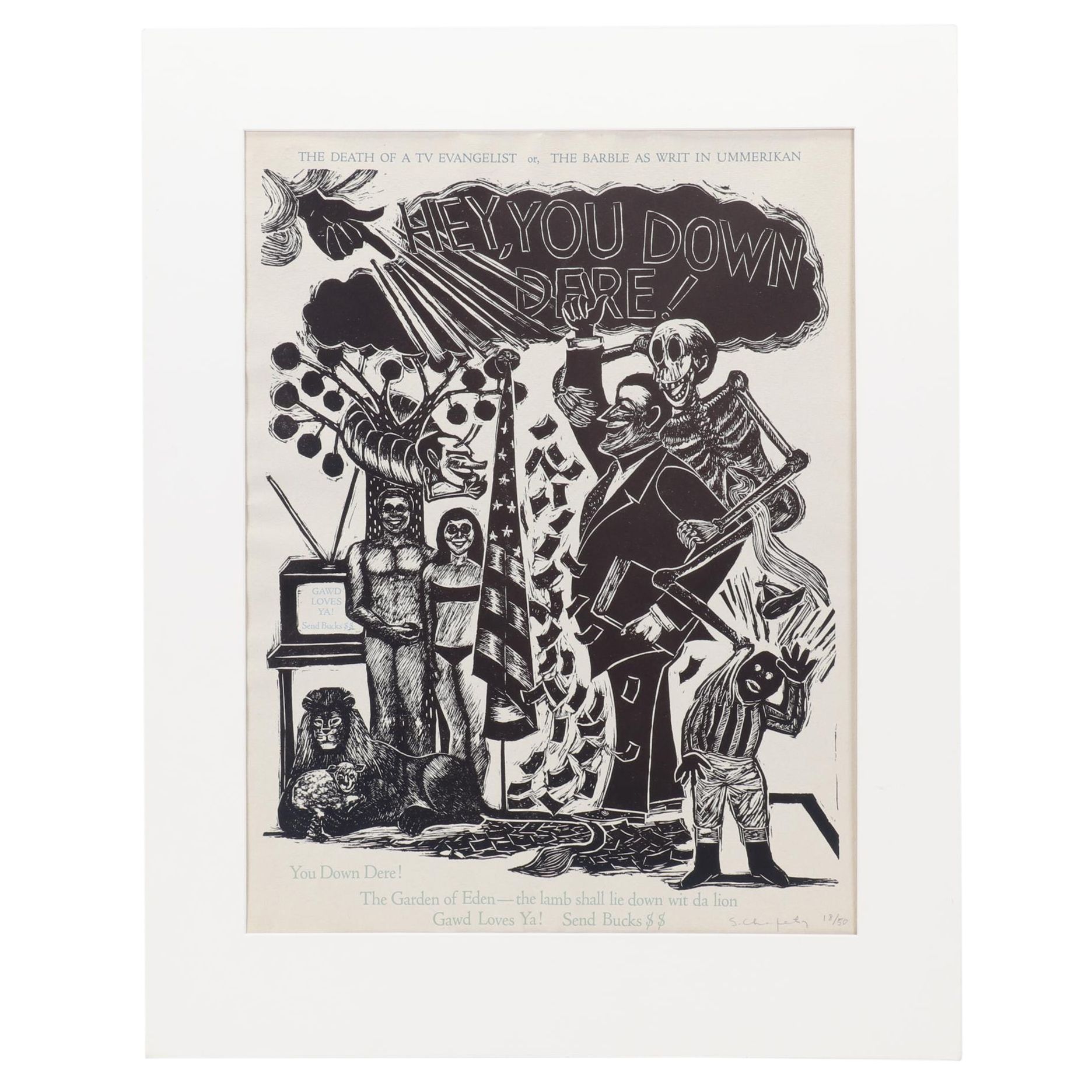 Sidney Chafetz Linocut and Letterpress "Death of a TV Evangelist," Circa 1987