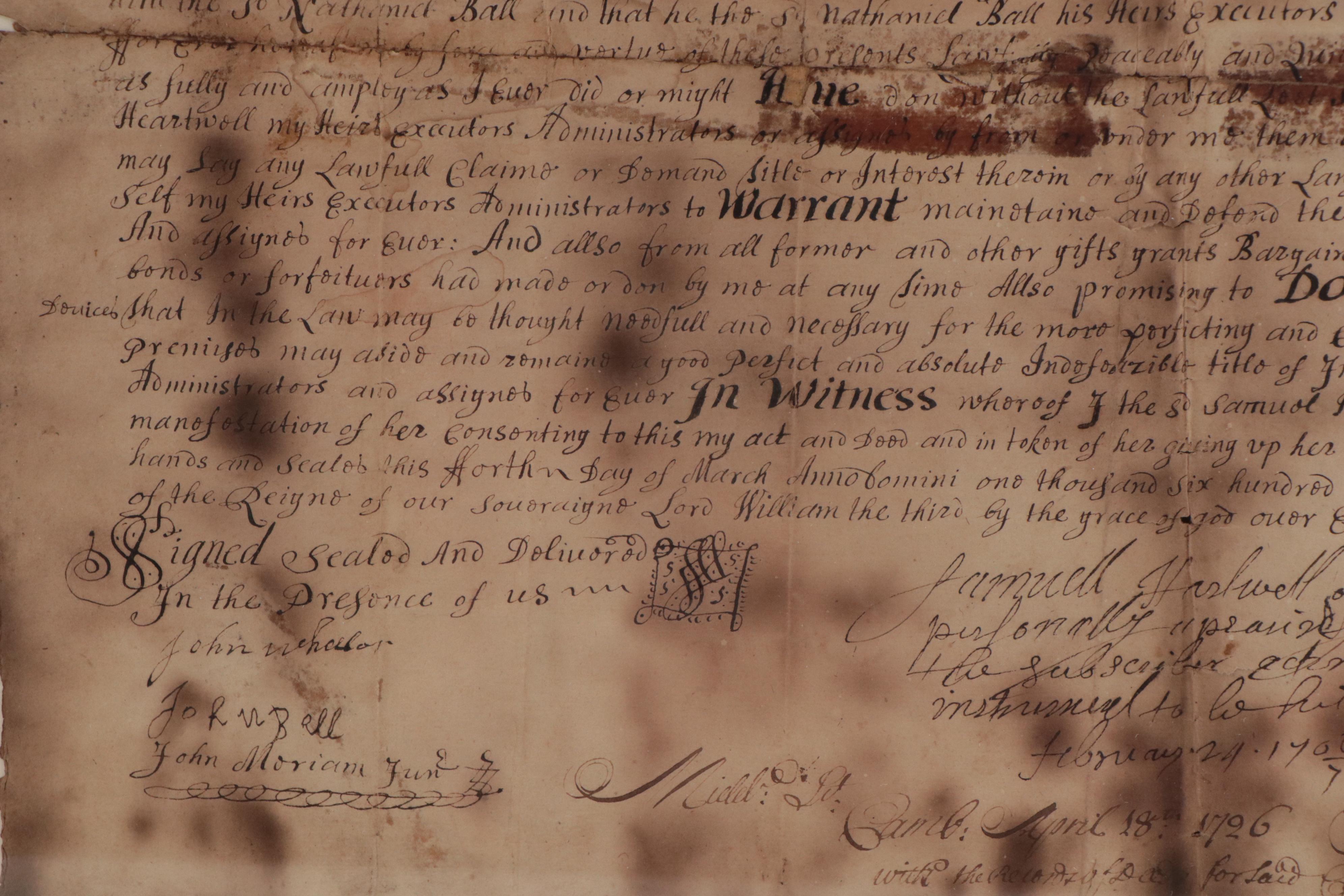 Concord, Massachusetts Land Grant Document, 1699 EBTH