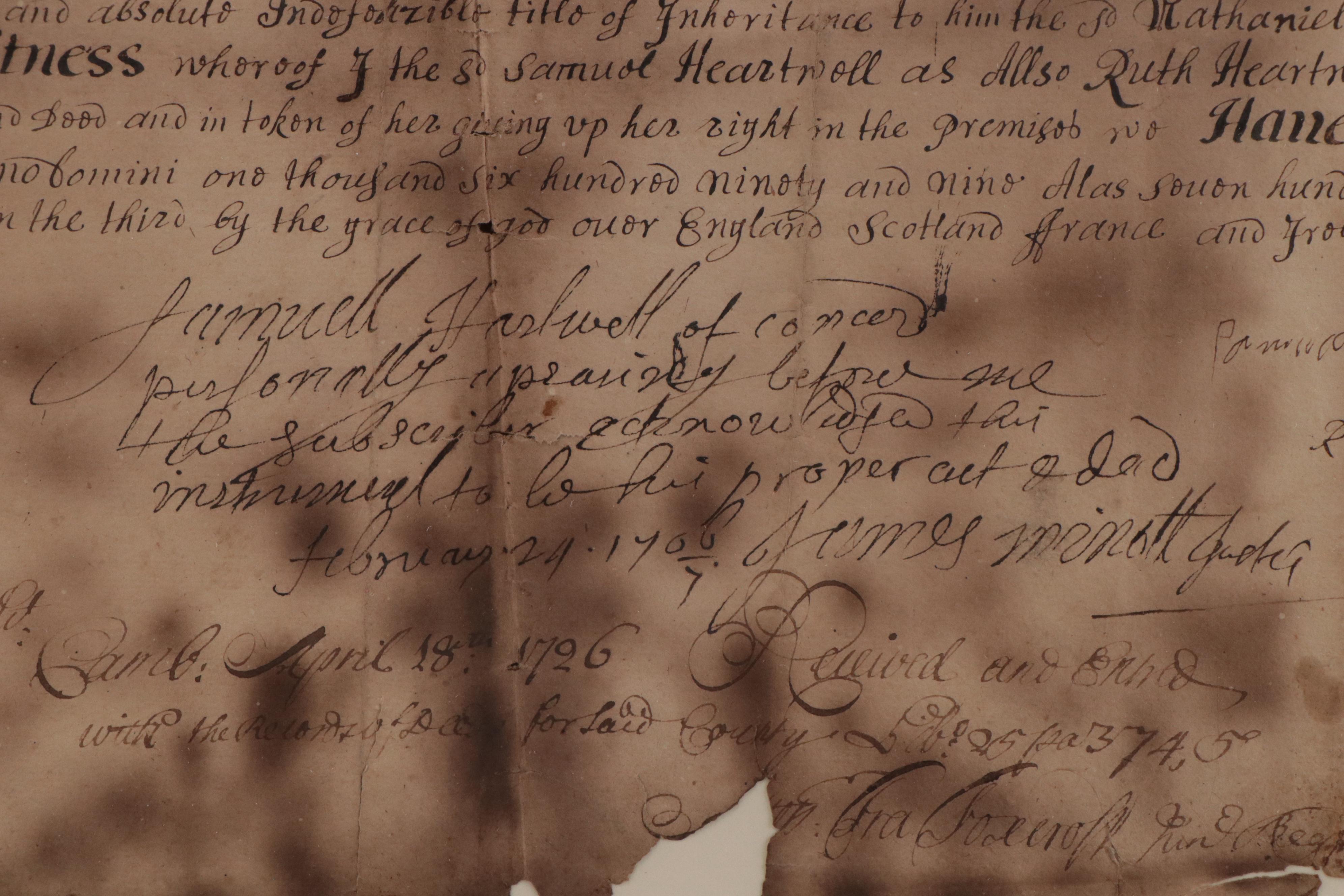 Concord, Massachusetts Land Grant Document, 1699 EBTH